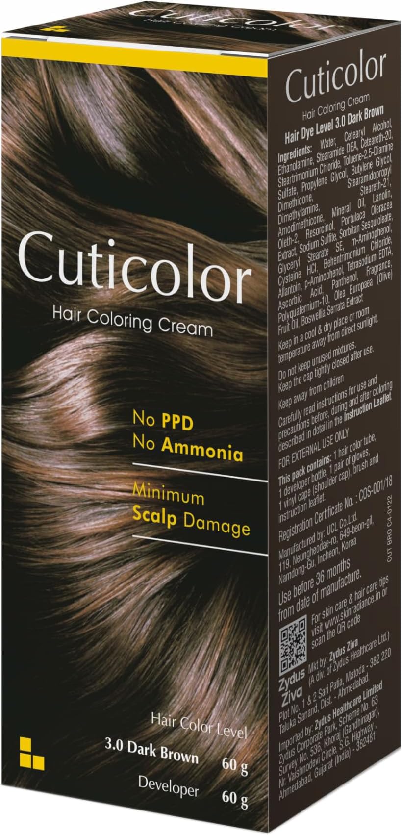 Cuticolor Permanent Hair Color Cream|#1 Dr prescribed|Suitable for Sensitive Skin|Eco Mechanism to Preserve Scalp Health|No Ammonia|No PPD|Enriched with Portulaca & Boseivela Extract - Dark Brown(60g)
