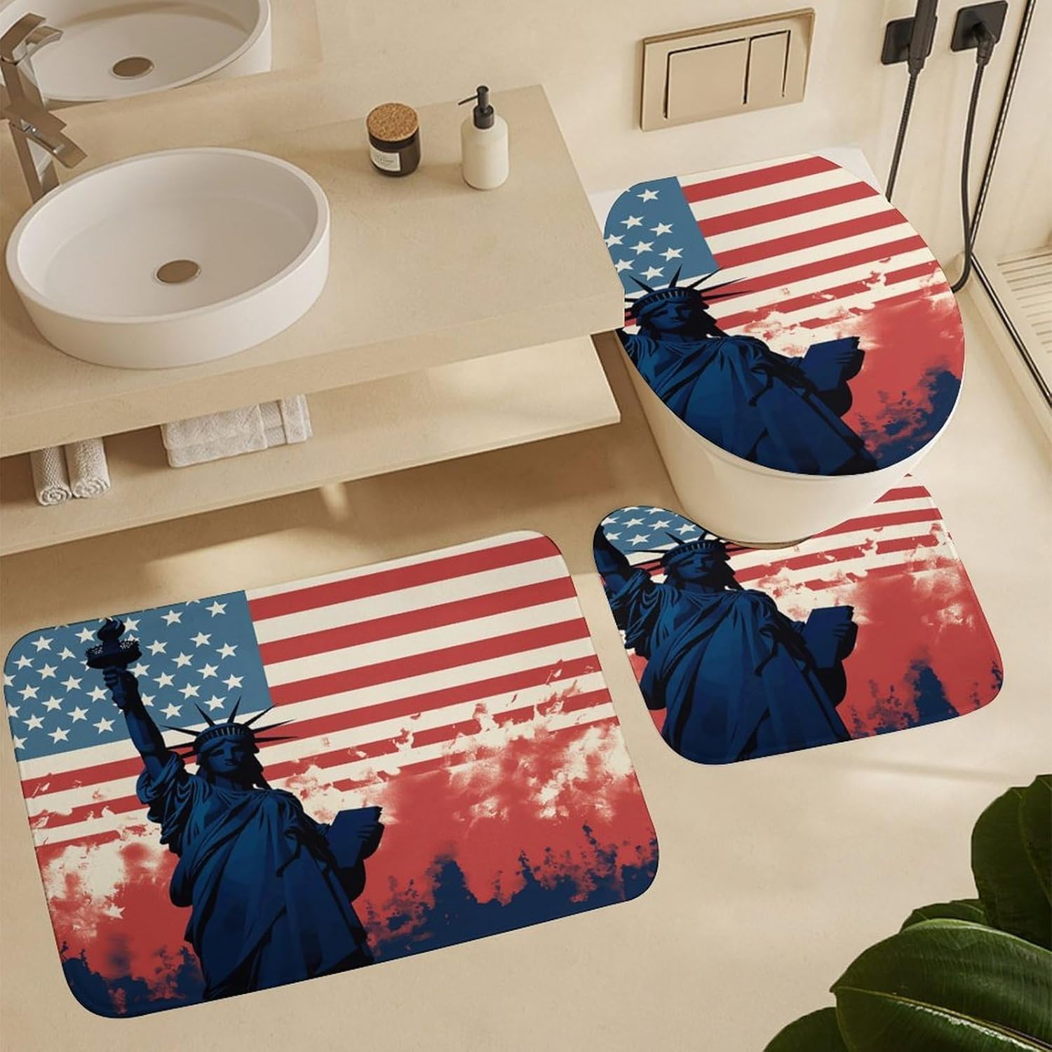 Flag with Silhouette of Lady Liberty 4Pcs Shower Curtain Set with Non-Slip Rugs, Toilet Lid Cover and Bath Mat,Bathroom Set Decor Accessories,Curtain Set with 12 Hooks, 72 X 72 Inch