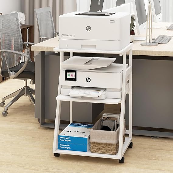 PUNCIA 50x40x75cm 3 Tier Printer Table with Storage | Rolling Cart with Adjustable Shelf for Home Office Organization, Stand for Heat Press, 3D Printer (White)