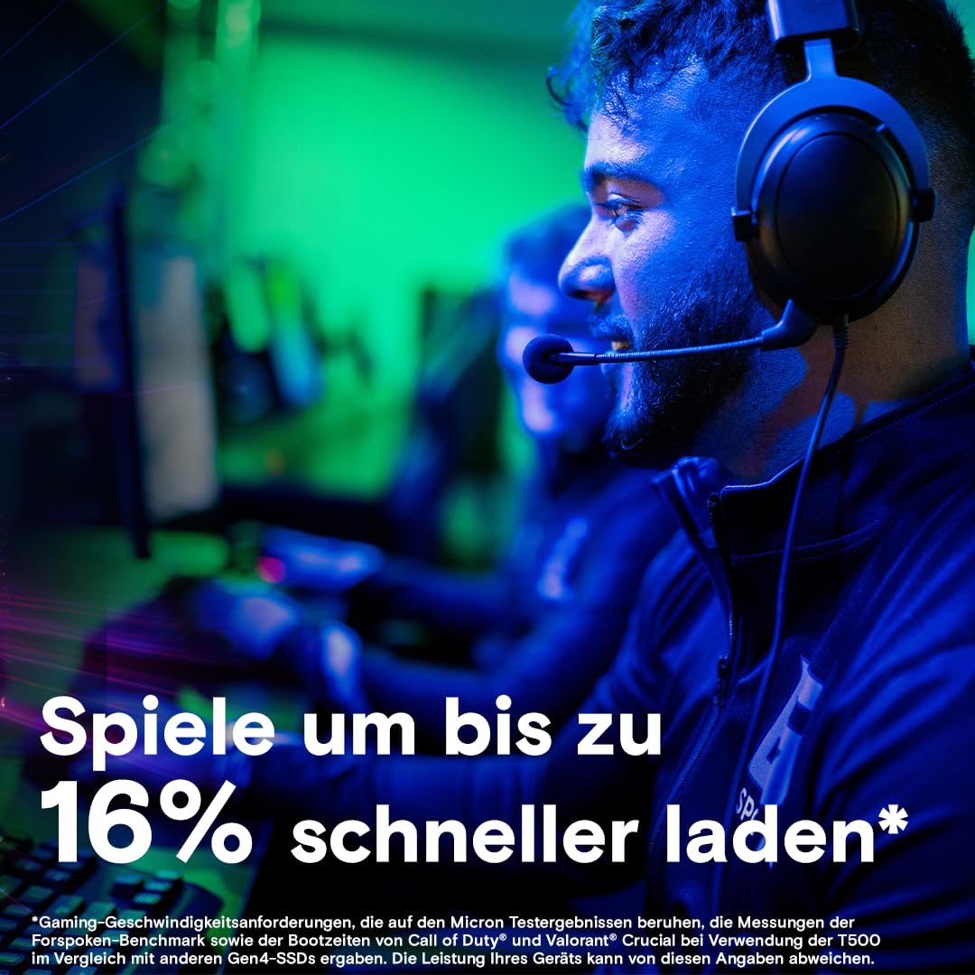 Crucial T500 SSD 1TB PCIe Gen4 NVMe M.2 Interne Festplatte, bis 7300 MB/s, TLC NAND, kompatibel mit Laptop und Desktop, Microsoft DirectStorage - CT1000T500SSD8