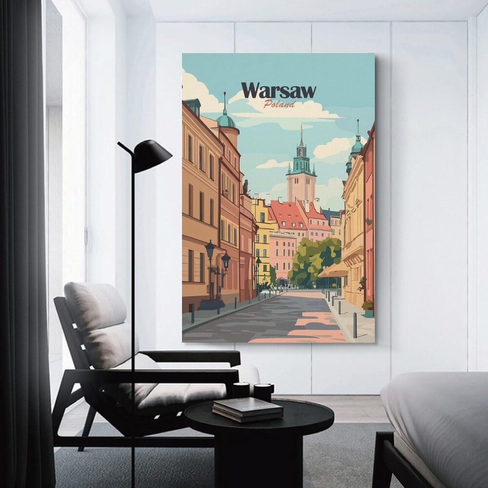 Junmoney Warsaw Street Scene Canvas Wall Decor 08x12inch(20x30cm), for Corridors, Hallways Or Apartment Entries, A Stylish Accent for Home Entrances