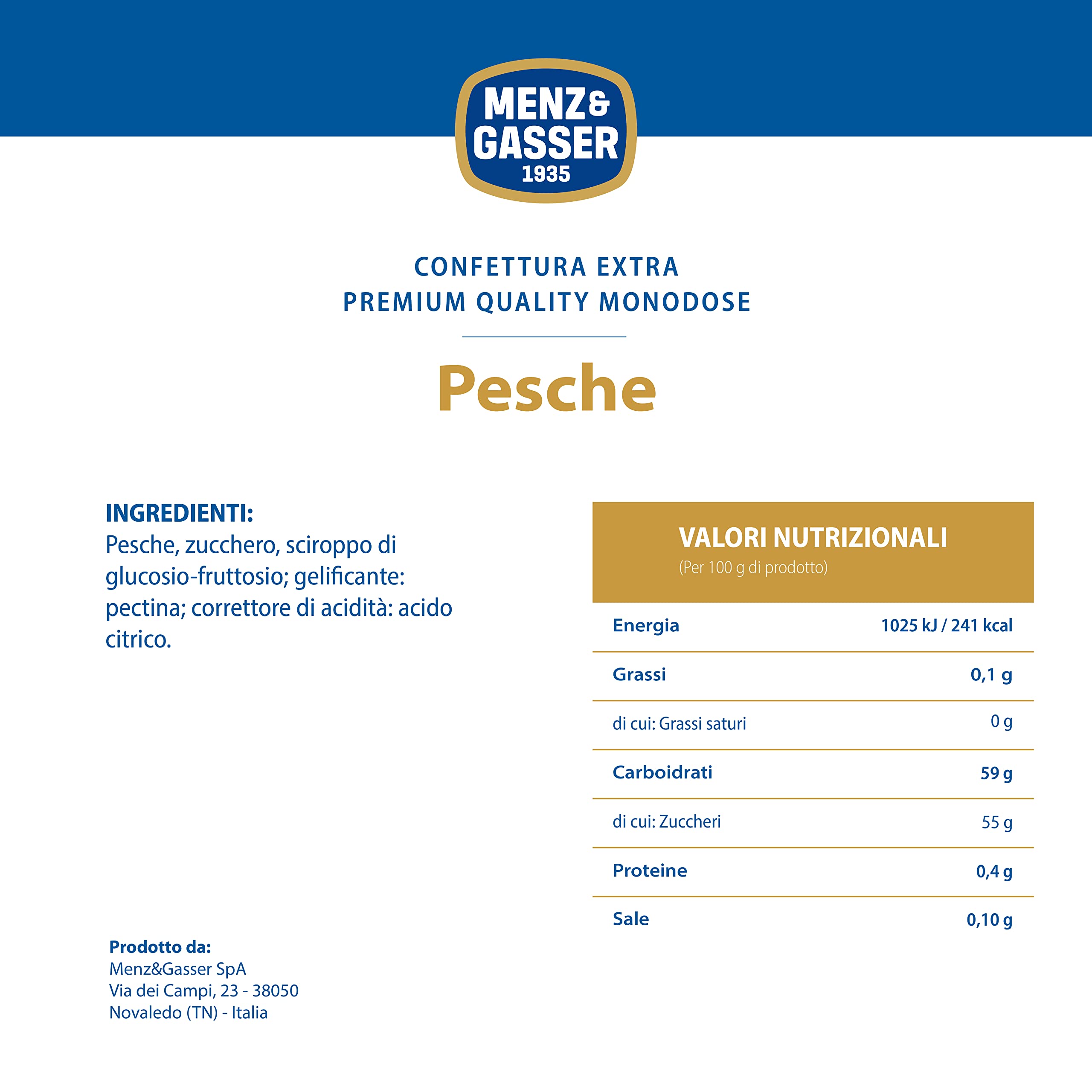 Menz&Gasser Confettura Extra di Pesche Monodose Premium Quality, con Frutta di Alta Qualità, 48 Vasetti x 28 g