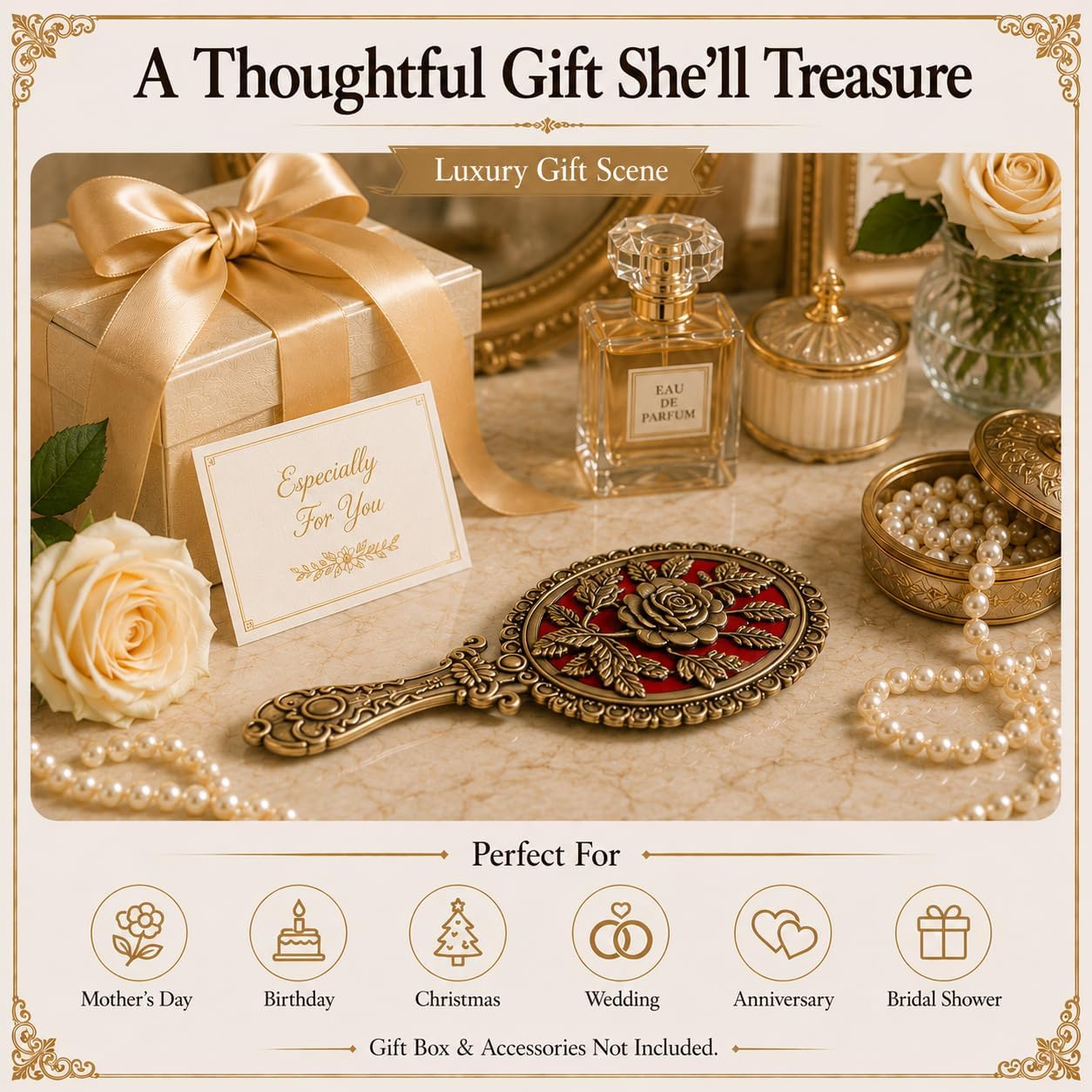 SEHAMANO Vintage Hand Mirror with Embossed Rose on the Back Handheld Makeup Beauty Metal Mirror Compact Purse Small Mirror (Brass (Matt Gold))