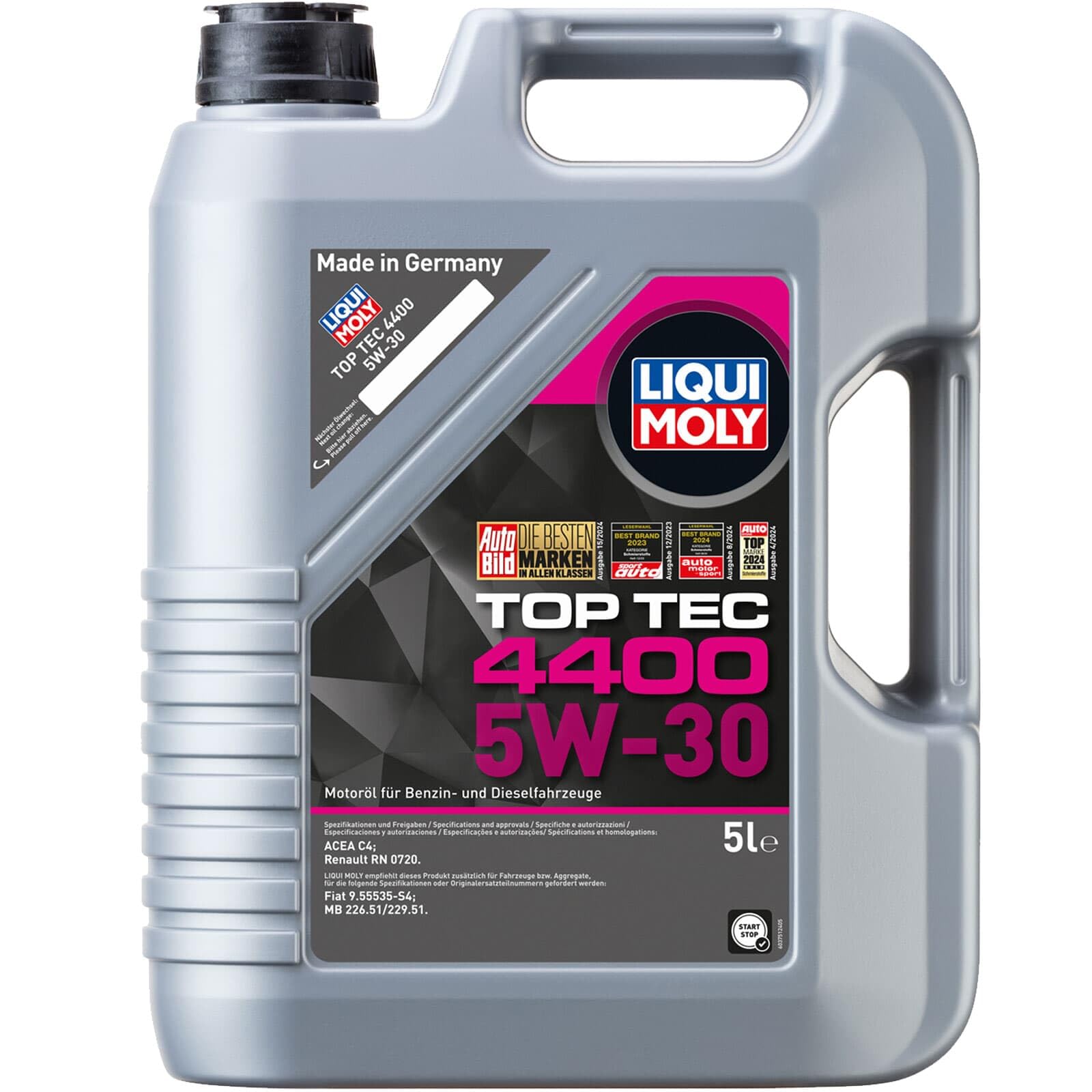 LIQUI MOLY Aceite de motor 5W-30 Top Tec ACEA C4 4400 5L Compatible con NISSAN Qashqai II J11, J11, RENAULT Megane 3 Grandtour KZ0/1 Clio 4 Grandtour KH, MERCEDES-BENZ Clase C T-modell S204 | 3751, Top Tec 4400 5W-30