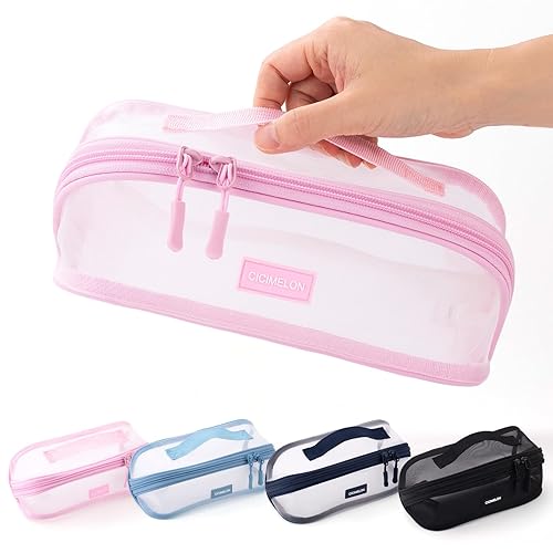 CICIMELON Transparent Mesh Pencil Pouch with Handle Big Case Clear Pen Bag College Essentials School Supplies, Pink