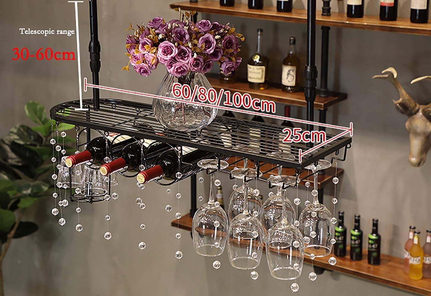 Wine Rack Hanging Wine Rack Rustic Metal Wine Glass Holder 15 Cups Stemware Rack Holder and 12 Wine Bottles for Bar Home Kitchen Height Adjustable/Black / 60Cm,Bronze-80Cm