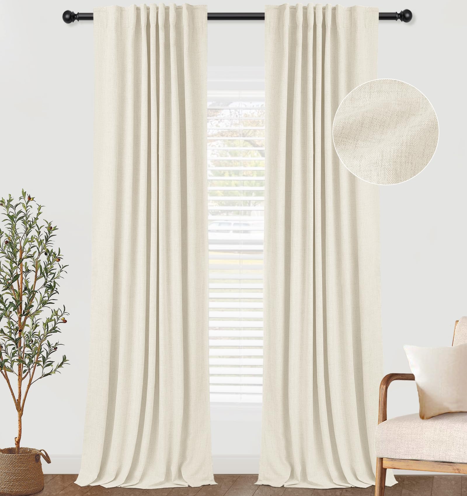 zeerobee Cream Blackout Curtains 96 inches Long 2 Panels Set, 100% Blackout Curtains for Bedroom 96 inches Long, Back Tab/Rod Pocket Thermal Insulated Curtains for Living Room - Cream, W50 X L96