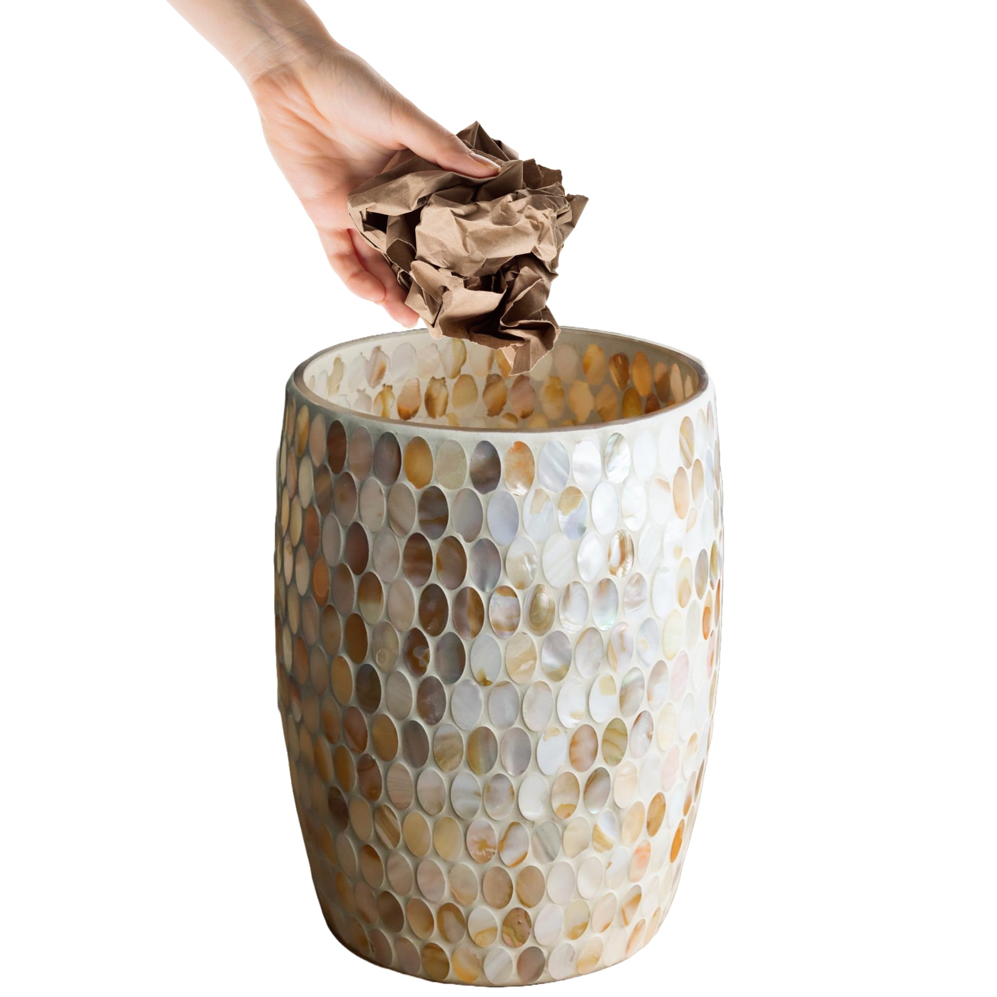 Escenzy Natural Shell Bathroom Trash Can Mosaic Glass 5L | Decorative Small Garbage Can | 7