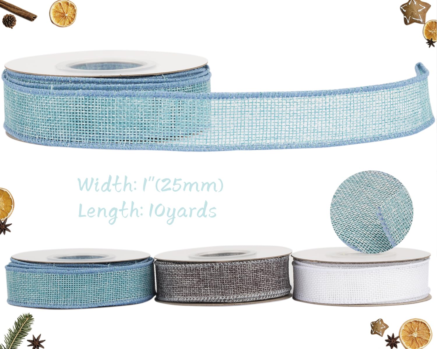 Tekdeere Burlap Ribbon 25mm x 9 Meters, Island Blue Wired Ribbon for Crafts, Gift Wrapping, Wreaths, Bows, Tree Decoration and Outdoor Decoration - Image 2