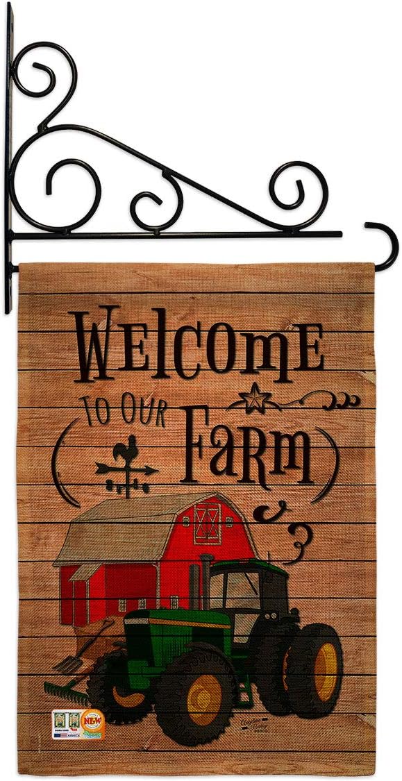 Welcome to our Farm Garden Flag Set Wall Holder Country Living Primitive Western Barn American Rustic Cowboy Rural Ranch Small Decorative Gift Yard House Banner Made In USA 13 X 18.5
