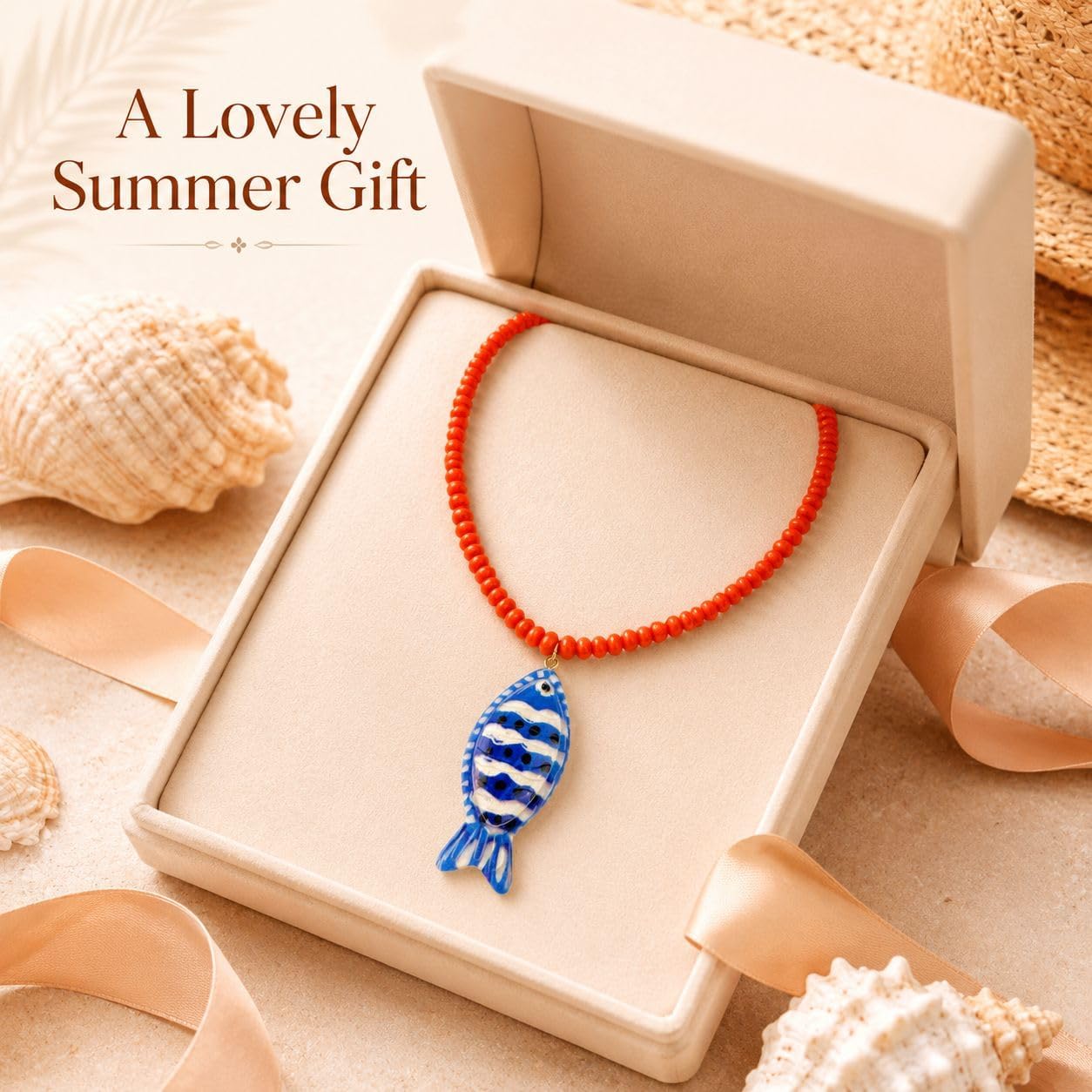 Red Beaded Fish Necklace for Women Chunky Large Beaded Fish Pendant Big Bead Boho Beach Vacation Jewelry Colorful Statement Summer Beach Necklace Gift