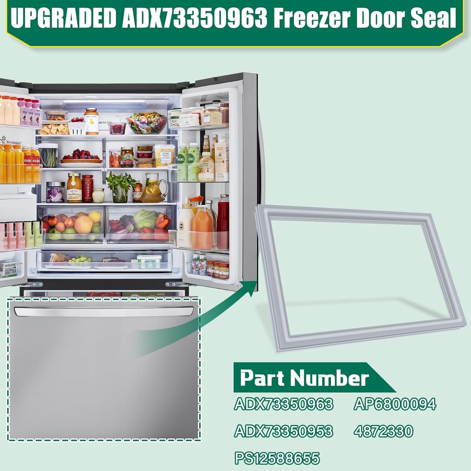 UPGRADED ADX73350963 Freezer Door Gasket Replacement Compatible with LG Bottom-Mount Refrigerator ADX73350953 Freezer Door Seal, Replaces LFXS24623W LFXS24663S LFXS24623S Freezer Door Gasket