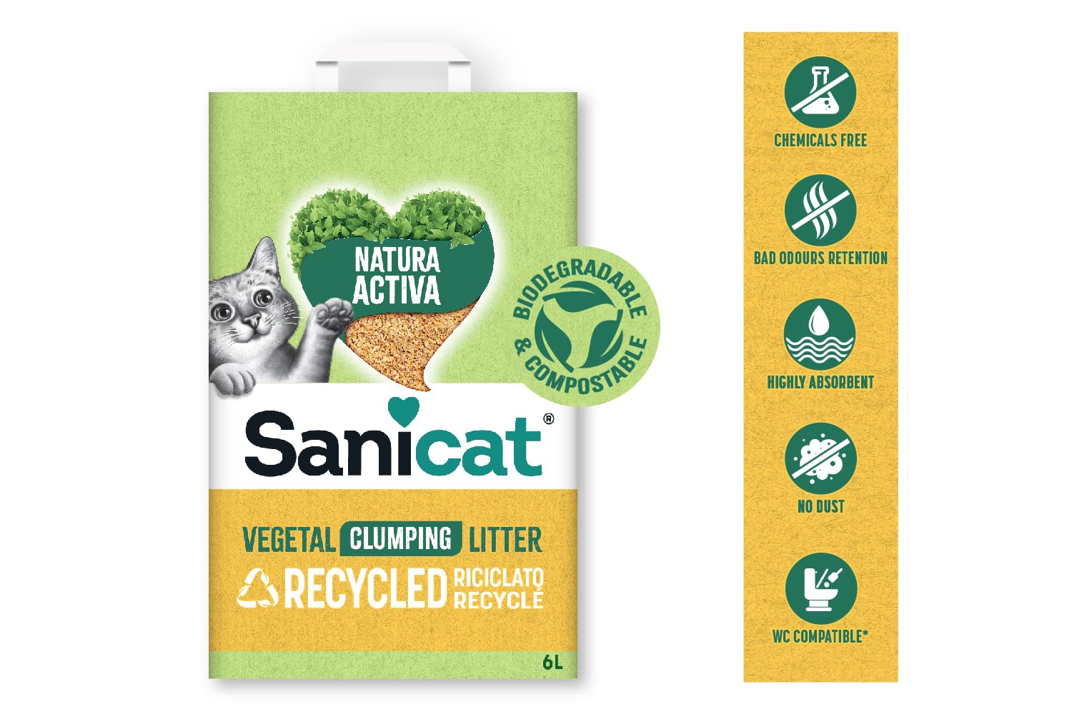 Sanicat - Lettiera per gatti in tutolo di mais riciclato | Assorbimento superiore e controllo degli odori | Prodotto ecologico e biodegradabile | Formato 6 L