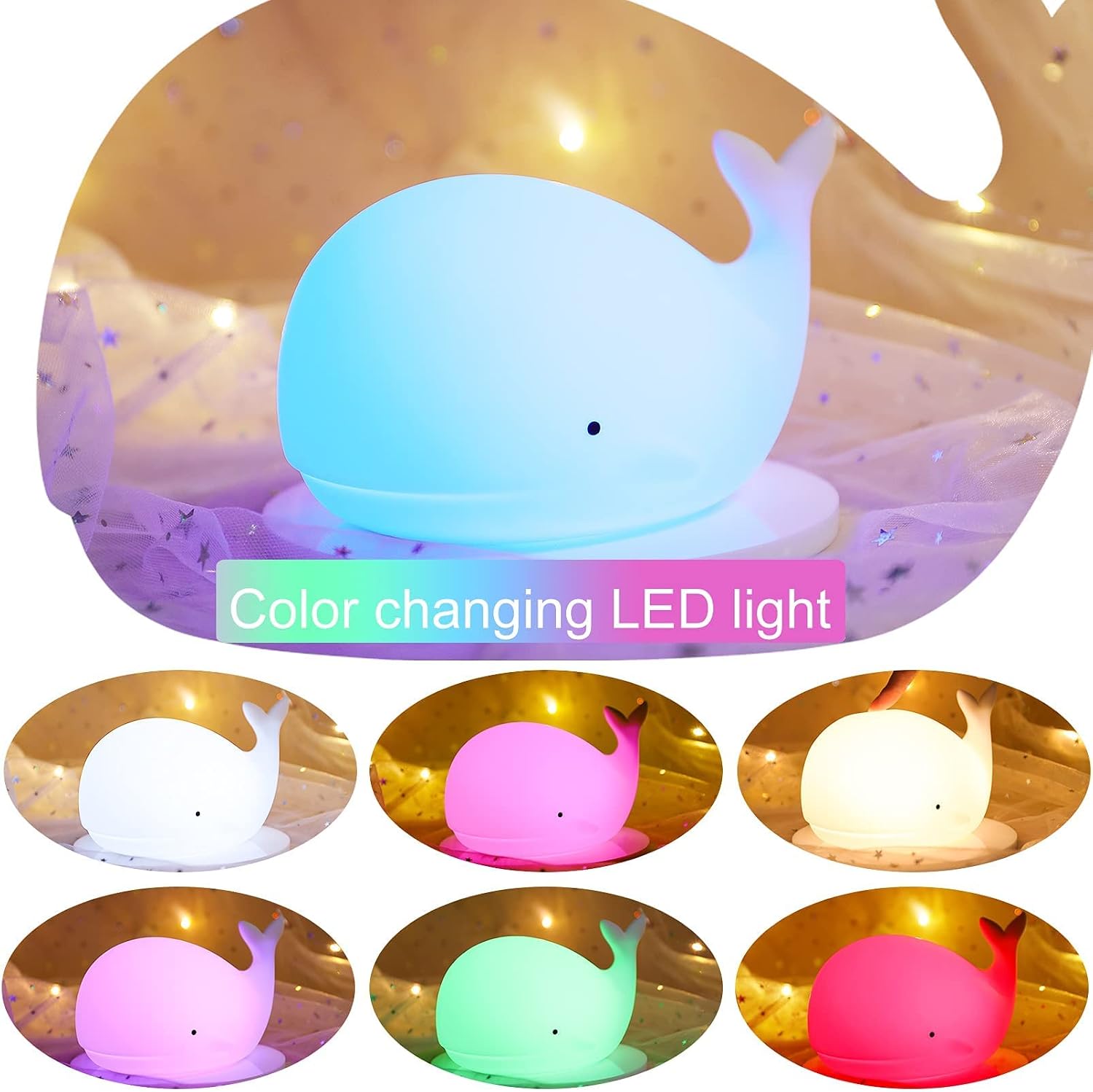 ZKLiLi Cute Whale Night Light for Kids,Kawaii Baby Night Lamp for Bedroom,Squishy Silicone Whale Touch Lights for Nursery,Portable with USB Rechargeable Nursery Light - Image 4