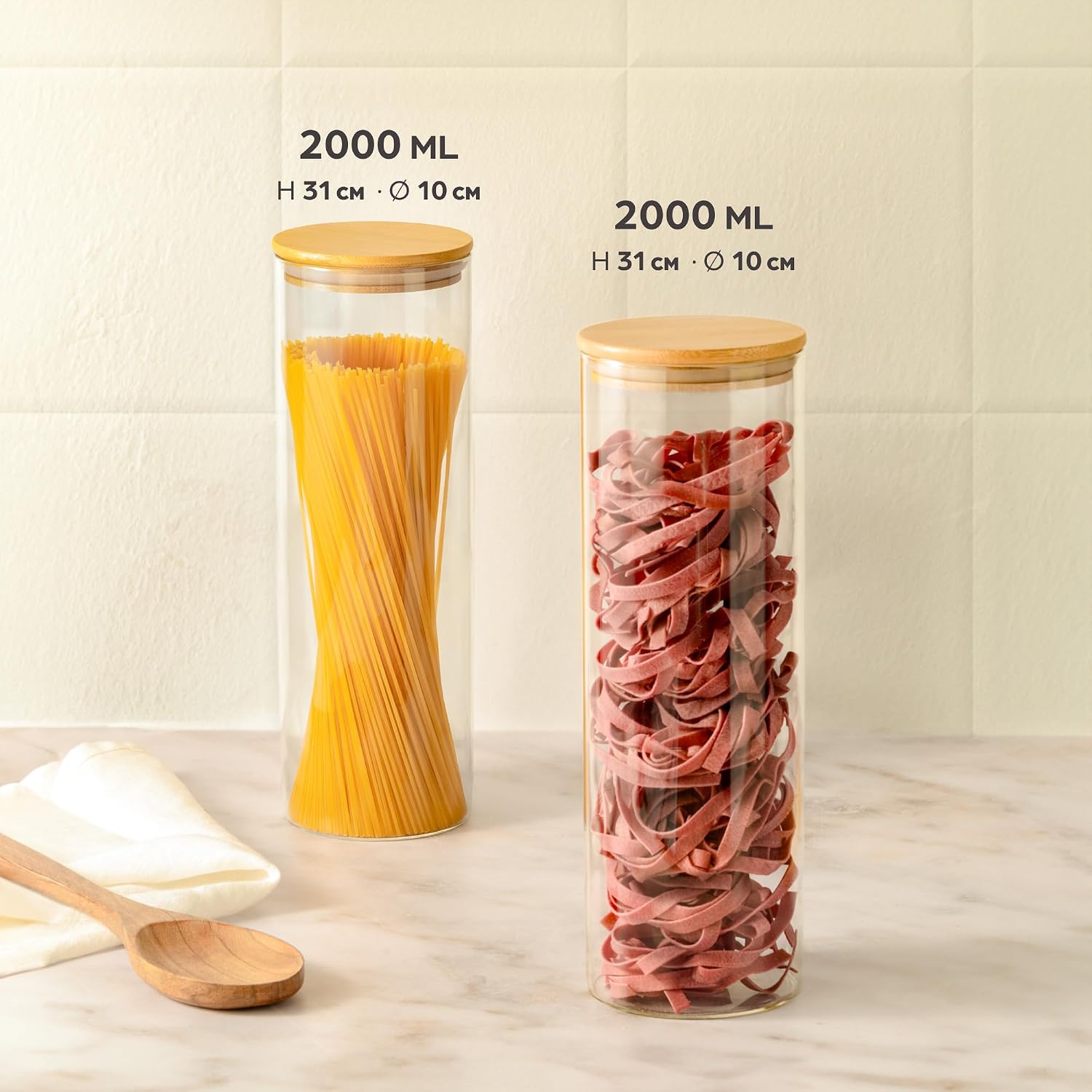 Praknu Storage Jars for Spaghetti, Set of 2, Airtight with Lid, Dishwasher Safe, Height 30 cm 2 X 2000 Ml