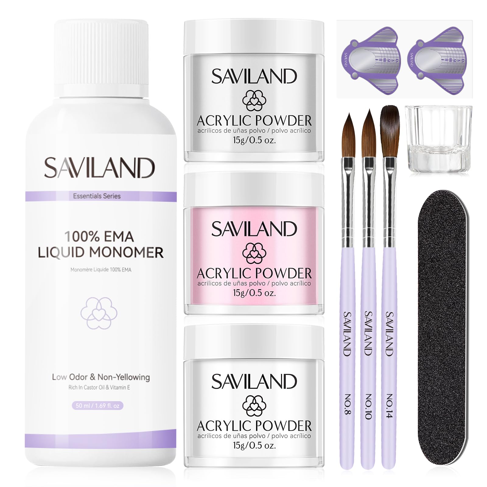 SAVILAND Acrylic Nail Kit: Beginner-Friendly Nails Kit Acrylic Set including Clear White Pink Acrylic Powder Low Odor EMA Monomer Acrylic Brush for Nail Extension 3D Nail Art Home DIY Nails