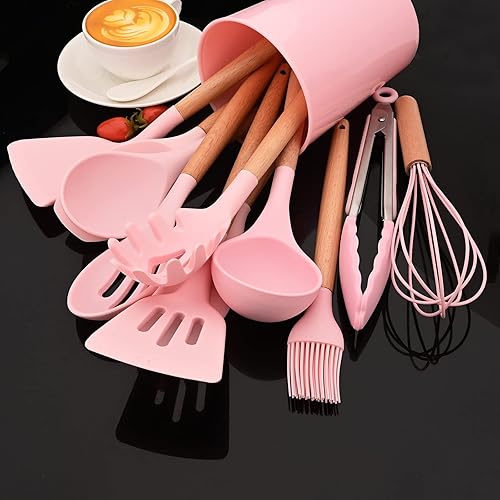 Miniatura 3 de JASHII Juego de utensilios de cocina de silicona rosa, juego de utensilios de cocina de 12 piezas, antiadherentes resistentes al calor con mango de