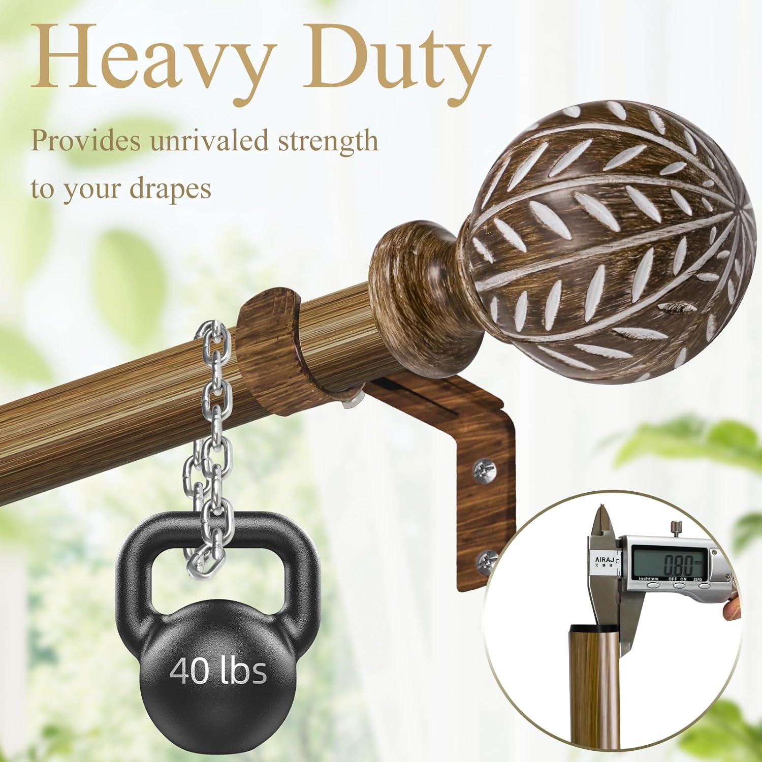 Boho Wooden Curtain Rods for Windows 48 to 84 Inches(4-7 ft), Adjustable Heavy-Duty 1" Diameter Drapery Rod with Imitation Wood-Grain Leaf-Pattern Finials - for Living Room & Bedroom，36-88''