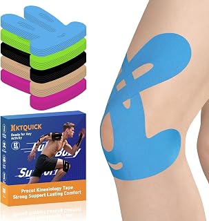 KTQUICK Precut Kinesiology Tape for Knees,12 Ct, 20% Stronger Adhesive,Blue | Bunny Designed Knee Tape with Premium Cotton, Breathable, Waterproof, Latex-Free Athletic Tape for Running, Training & Hiking