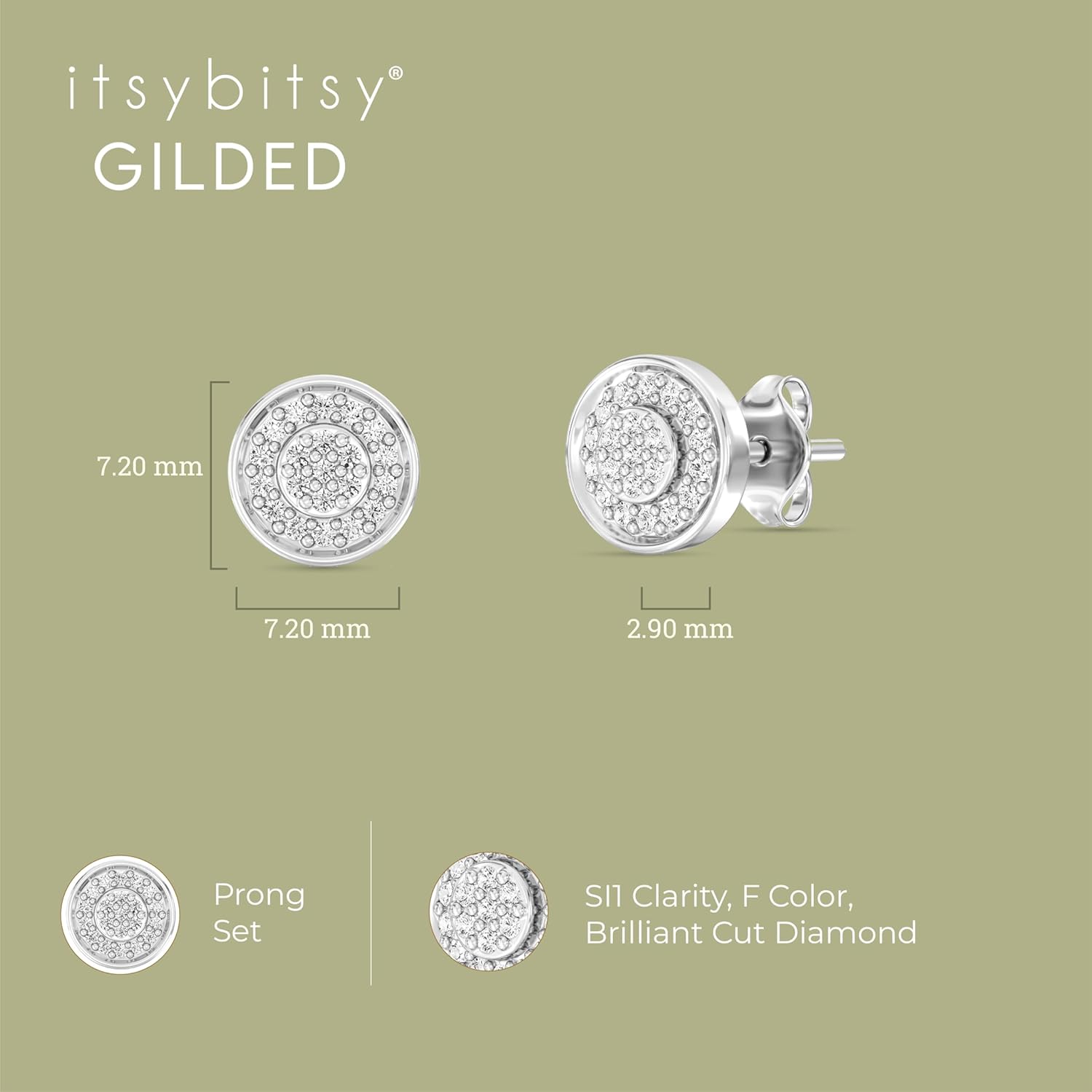 Itsy Bitsy by Gilded Sterling Silver Diamond Stud Earrings, 1/6 CTTW, SI1 F-Color Lab Grown Diamonds, Push Back