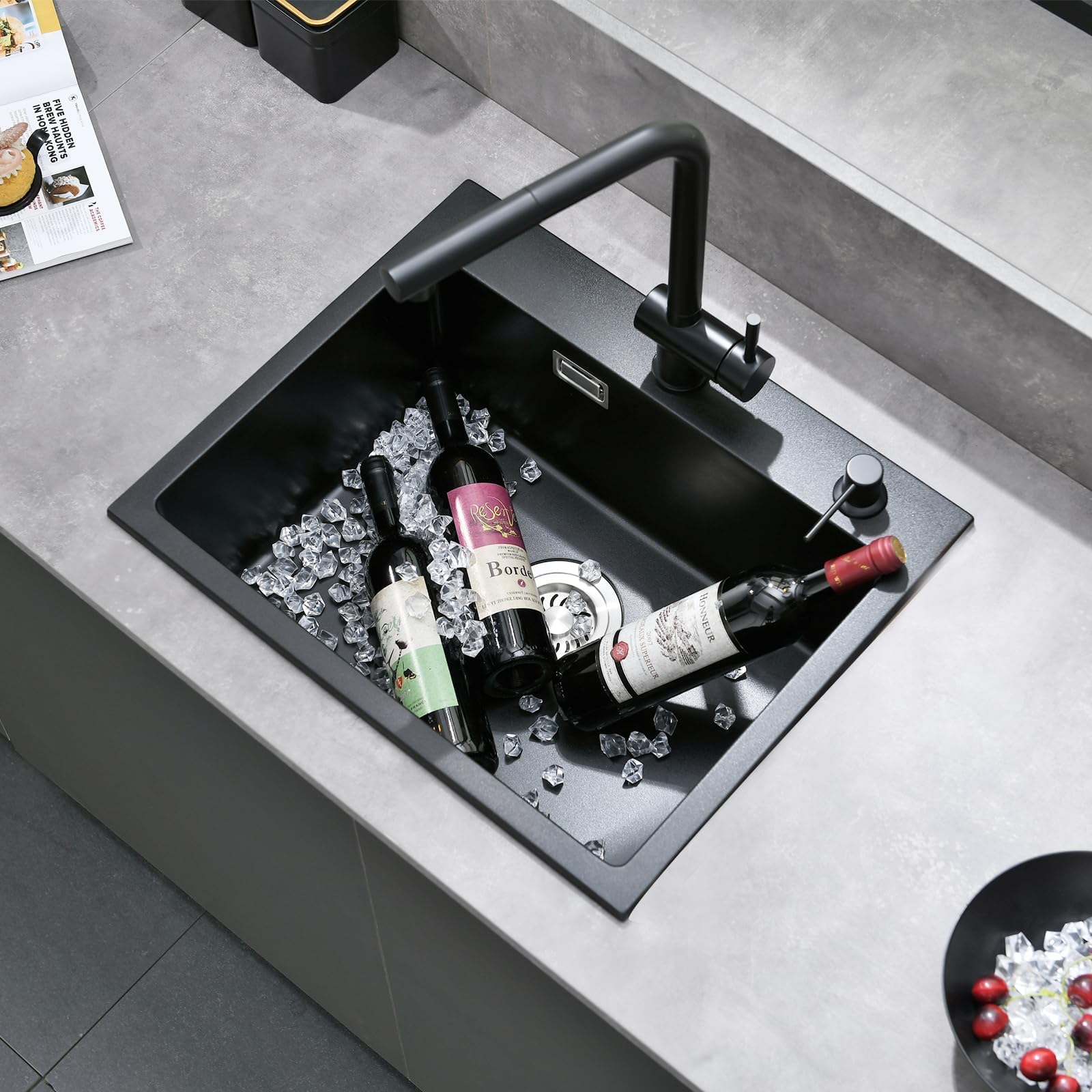 Fregadero de granito negro 50x45cm, fregadero negro, fregadero de cocina rectangular, moderna instalación empotrada de granito, lavabo de cocina, fregadero de cocina pequeño, lavabo individual con 2