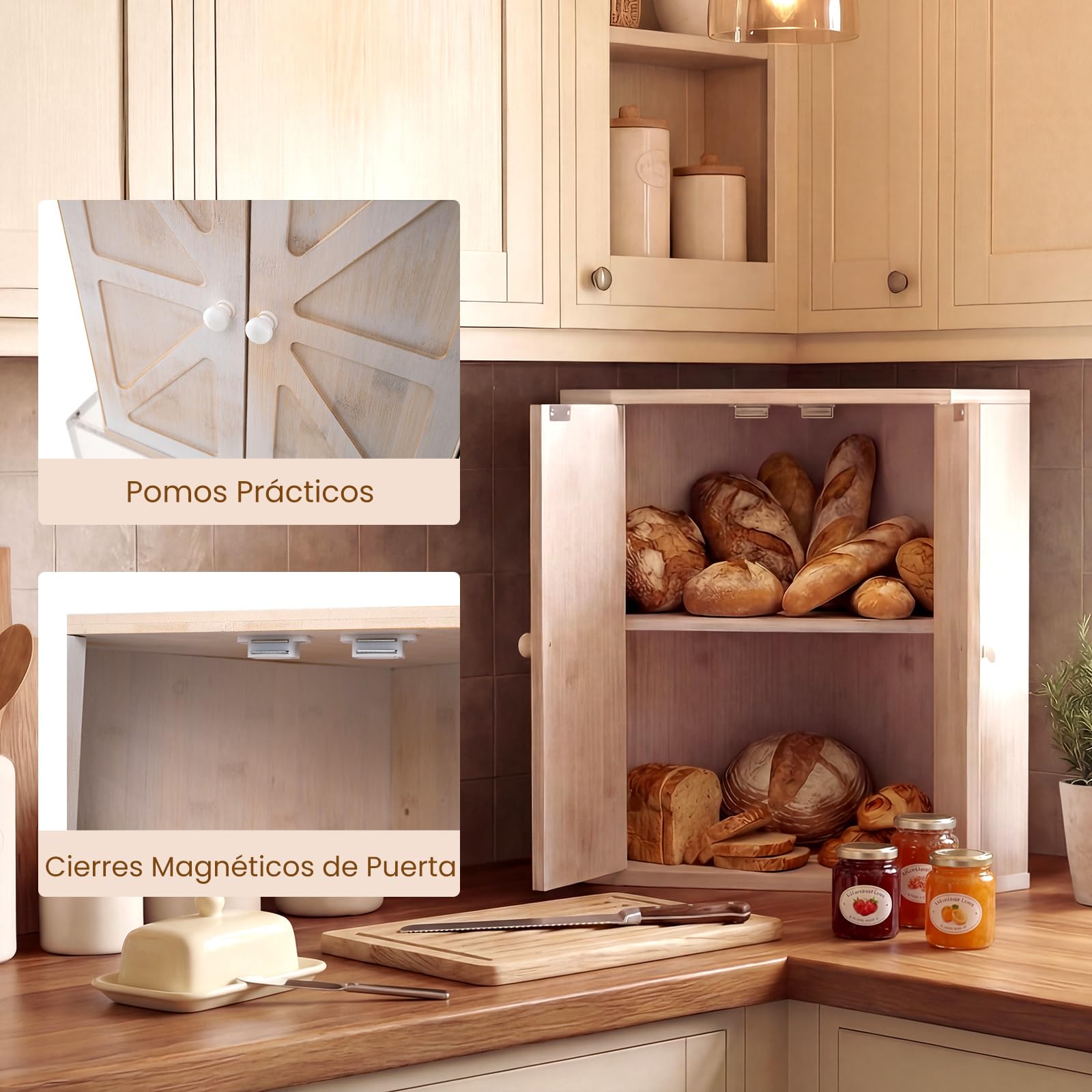 COSTWAY Paneras para Guardar el Pan, Panera de Bambú de 2 Niveles con Estante Ajustable, Caja de Pan Esquinera para Encimera de Cocina, Panera Madera de Gran Capacidad, Contenedor Estilo Rústico