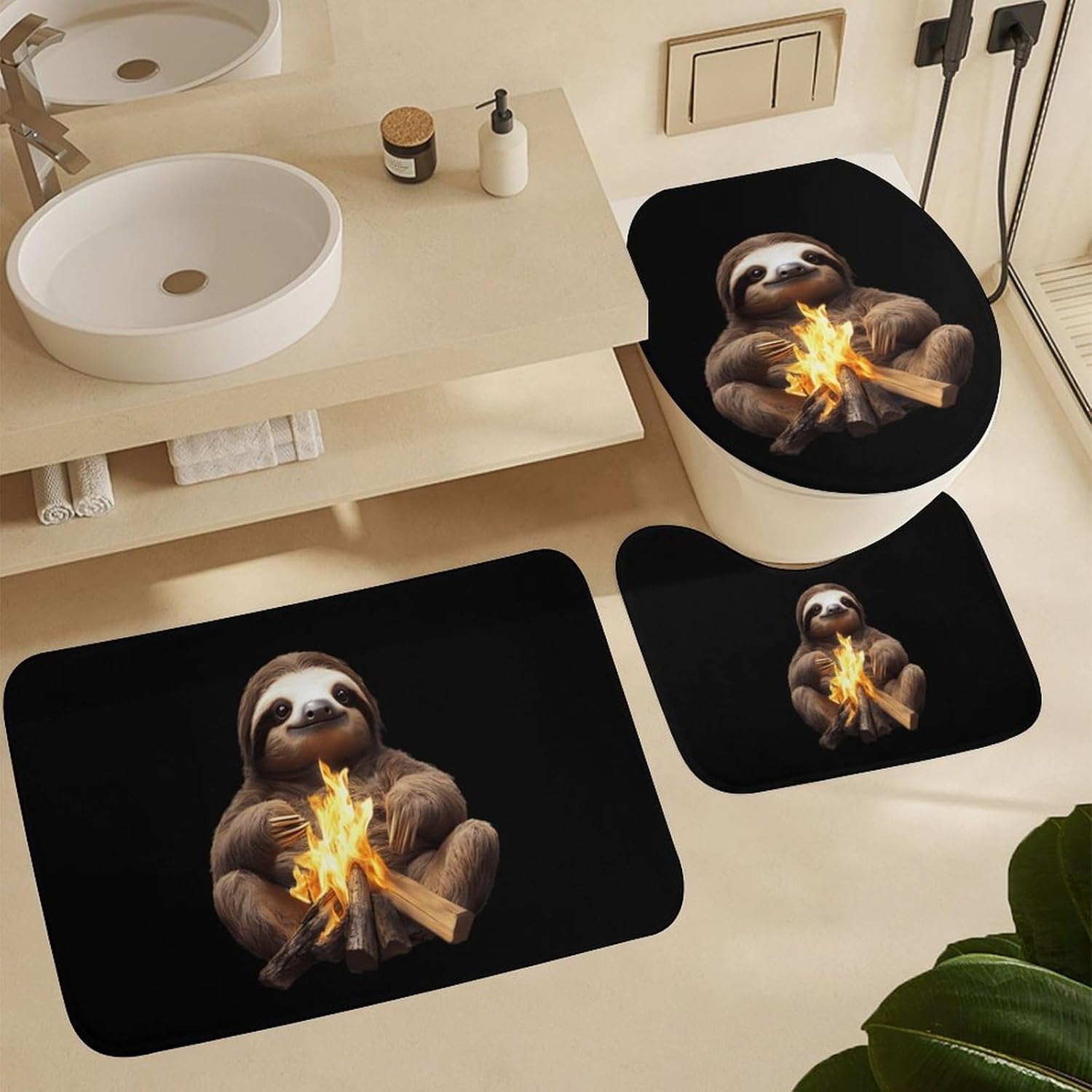 Funny Campfire Sloth Modern Bathroom Sets with Shower Curtain and Rugs Decor 4 Pcs with 12 Hooks