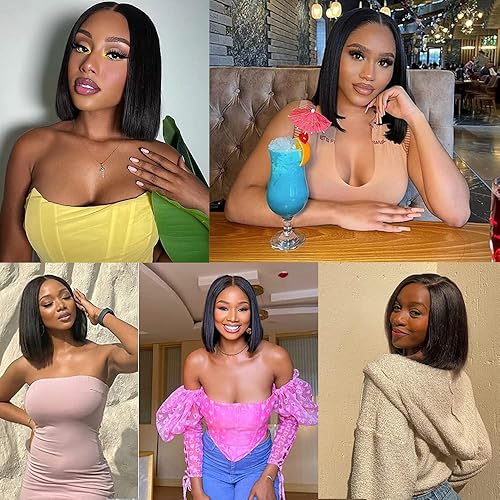 Miniatura 4 de Pelucas cortas de cabello humano 4 x 1 con cierre de encaje, pelucas de cabello humano brasileño lacio estilo Bob, densidad del 150 %, prearrancadas