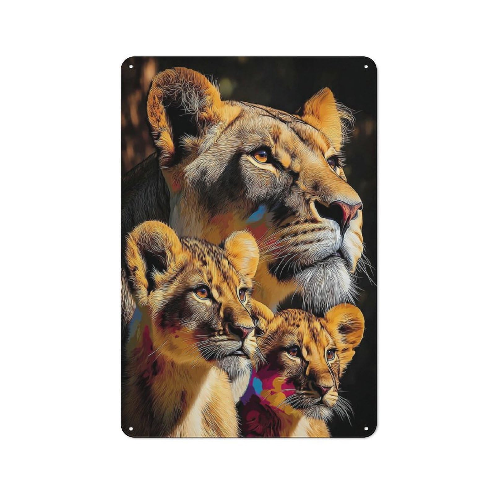 Junmoney Lioness And Cubs Portrait Printed Metal Sign 30X20cm For Dining Room Or Kitchen, A Christmas Gift For People Styling Dining Room And Kitchen