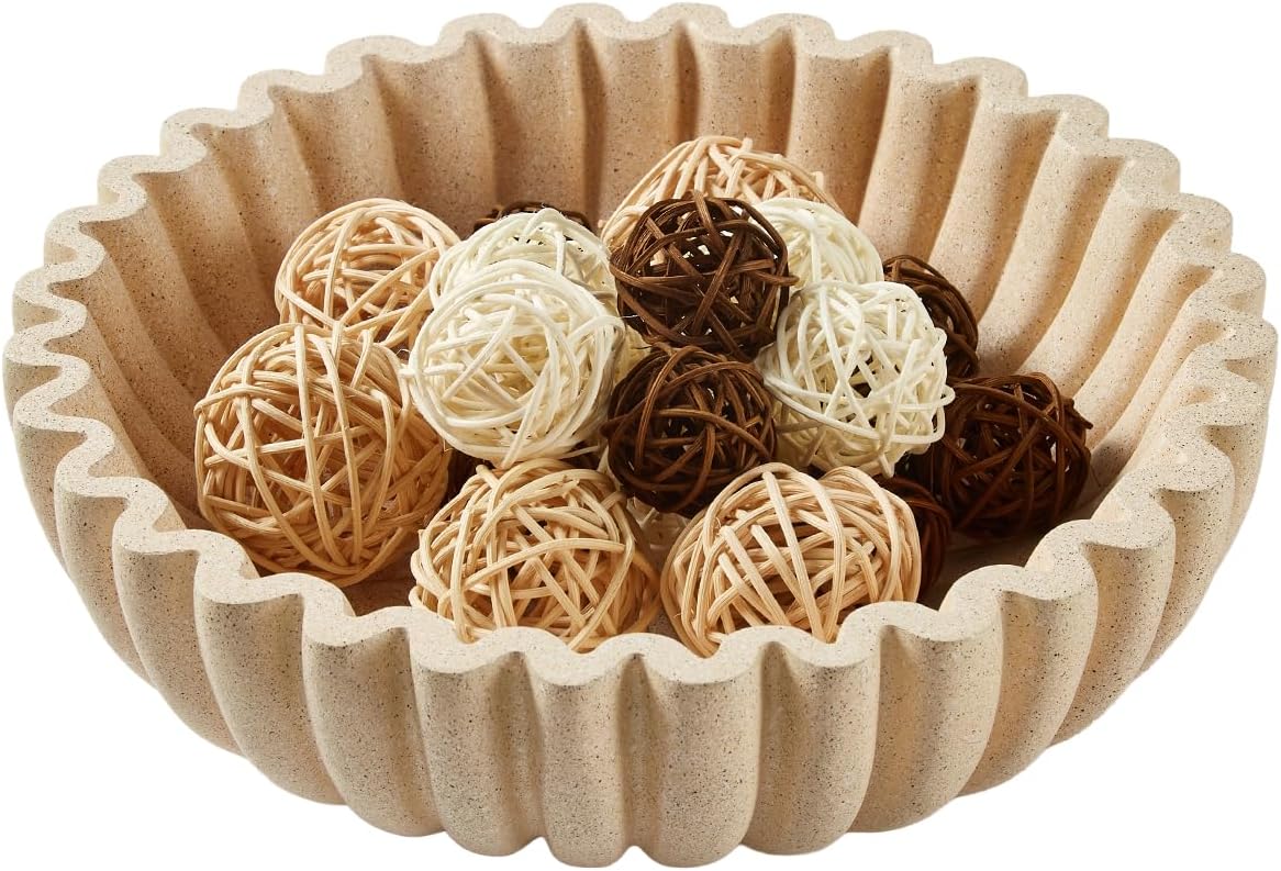 Large Modern Ruffle Bowls, Artificial Stone Decorative Catch All Bowl for Kitchen Counter and Entryway Table, Handcrafted Fruit Bowls and Key Bowl for Home Decor(Beige)