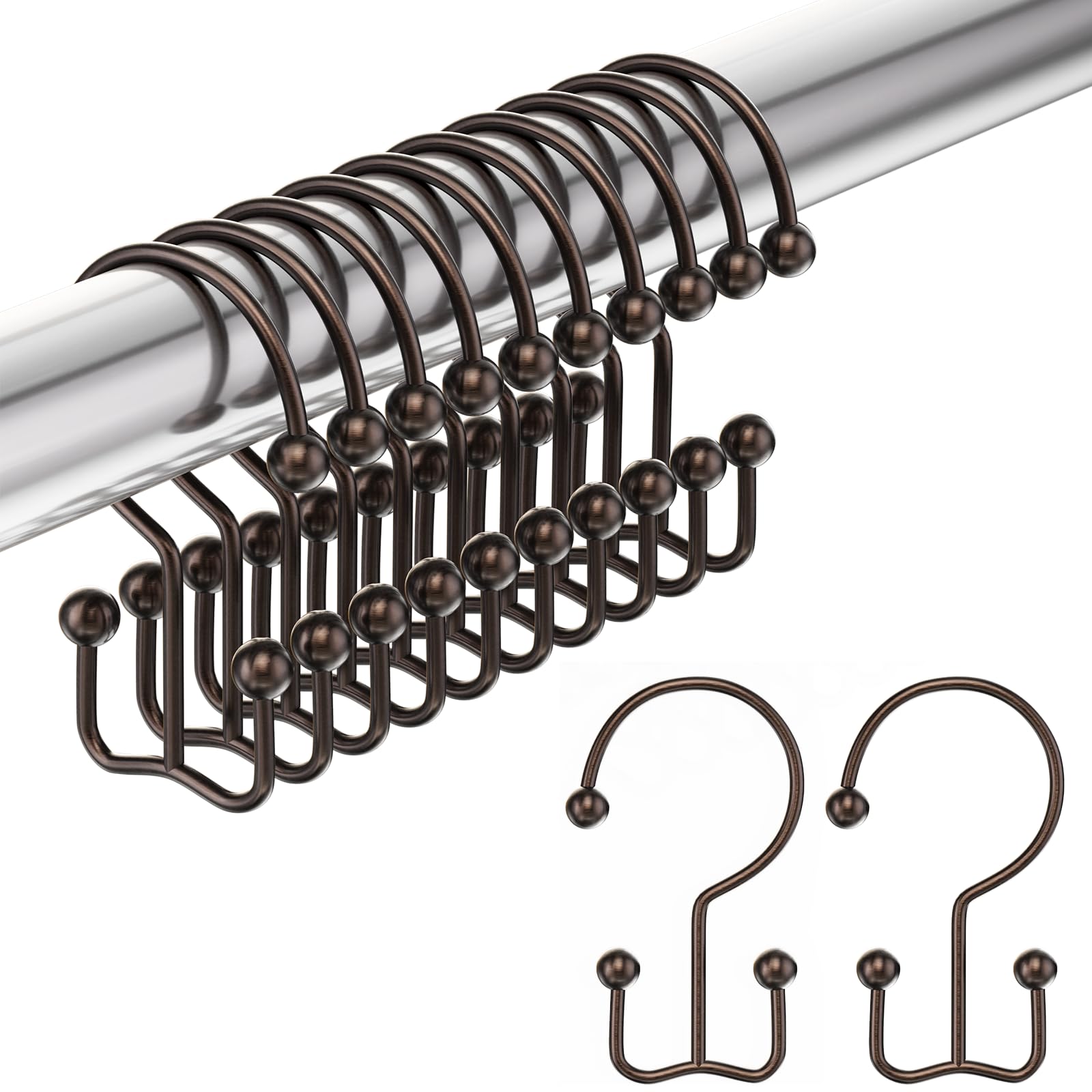 Amazer Shower Curtain Hooks Bronze Double Shower Curtain Hooks, Shower Curtain Rings Sturdy Stainless Steel Shower Hooks for Bathroom Shower Rod, 12Pcs Shower Curtain Hangers