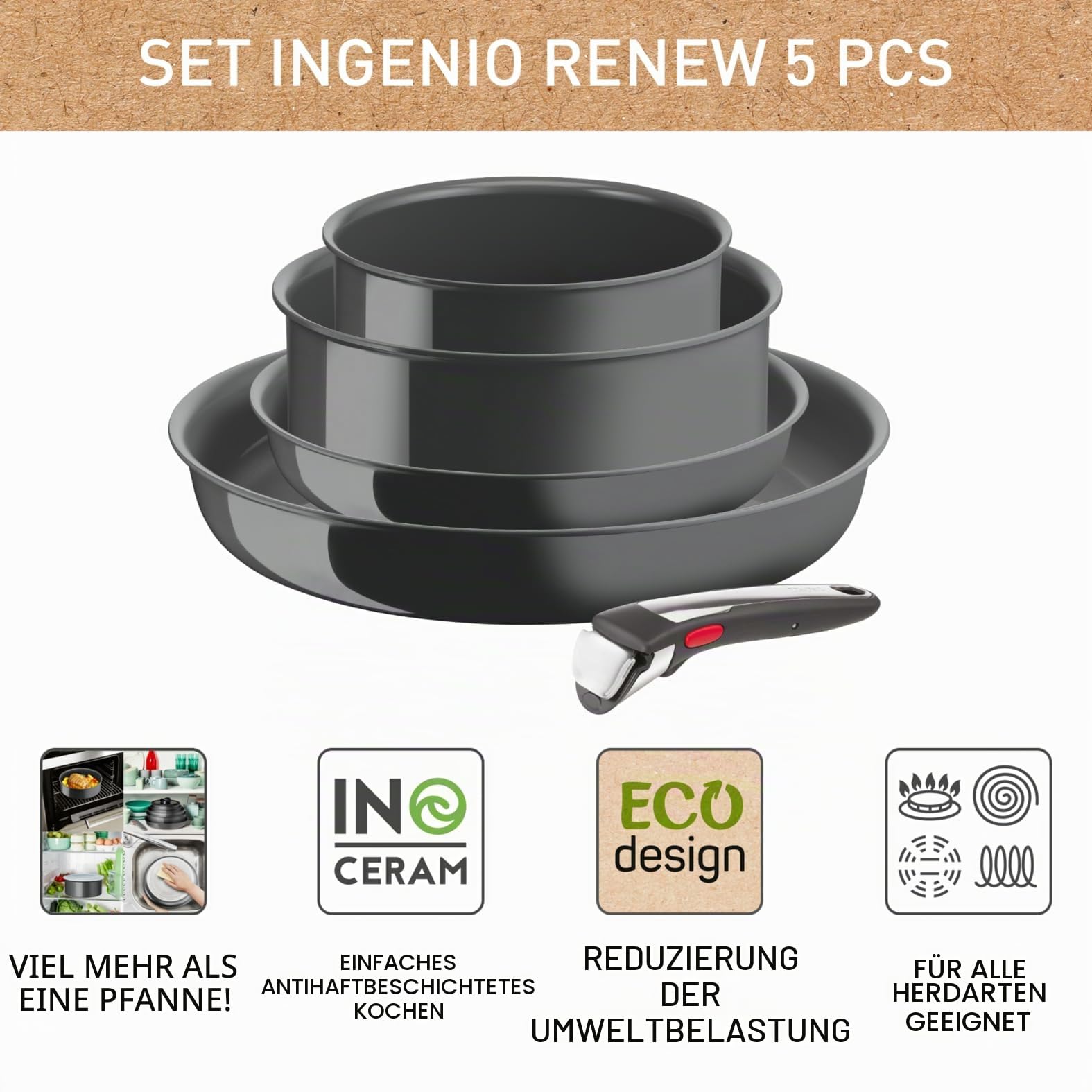Tefal Ingenio Renew 5-teiliges Pfannenset 22/28 cm, Töpfe 16/20 cm, Abnehmbarer Griff, Induktion, Keramikbeschichtung, Thermo-Signalfunktion, recycelt, L2619002