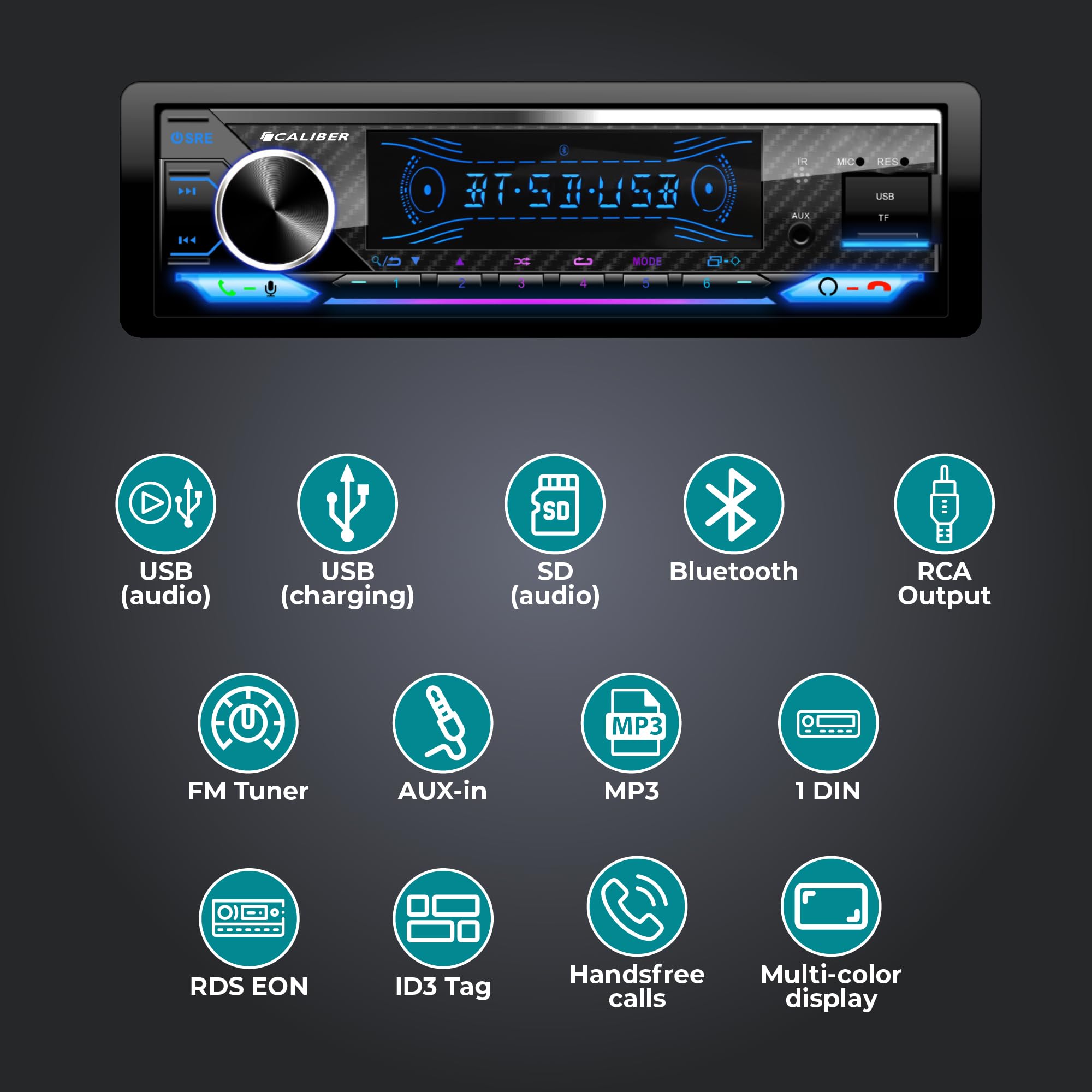 Caliber Autoradio Bluetooth 1DIN, Tuner FM, 4x100W, USB/Micro SD, Charge 2.1A, Aux-in, Mains Libres, Micro Externe, Sortie RCA, Profondeur 110mm, MP3/WMA/APE/FLAC
