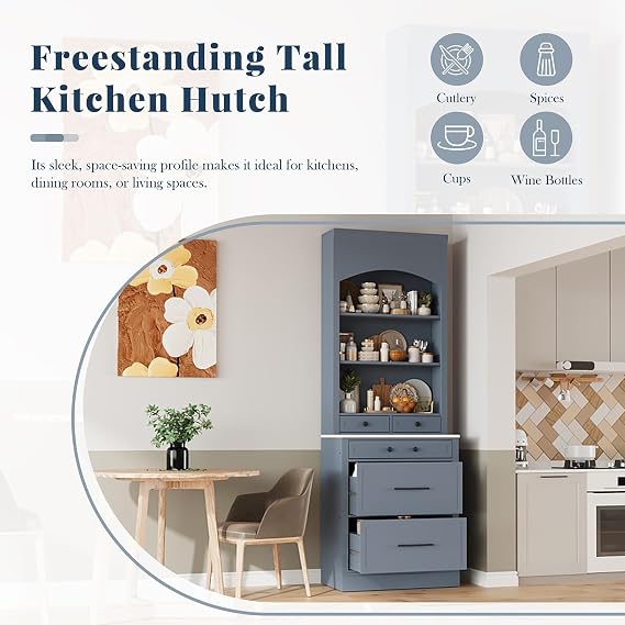 Kitchen Pantry Cabinet, 83.7 Freestanding Storage Cabinet with Hutch, Faux Marble Countertop, 5 Storage Drawers and Adjustable Shelves, Coffee Bar Cabinet for Dining Room, Grey Set of 2