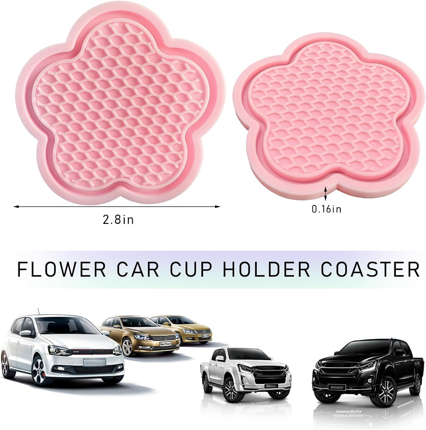 DXNQ 2 PCS Car Cup Coasters, Cute Flower Shaped Car Cup Holder Mat, PVC Waterproof Anti Slip Vehicle Cup Holder Insert Coaster, Universal Car Interior Decor Accessories (Pink)