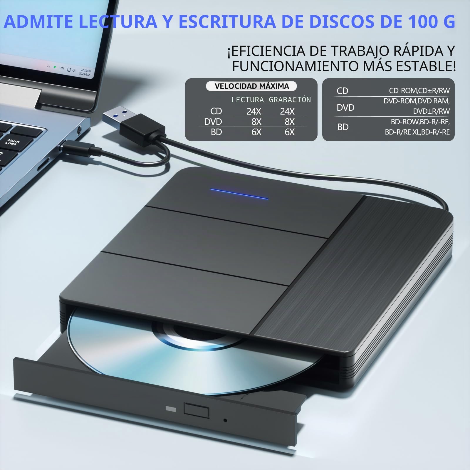 Unidad Blu-ray externa 7 en 1, compatible con 100 G de lectura y escritura, grabadora portátil, USB 3.0 tipo C y ranuras TF/SD, adecuada para Windows y MacOS