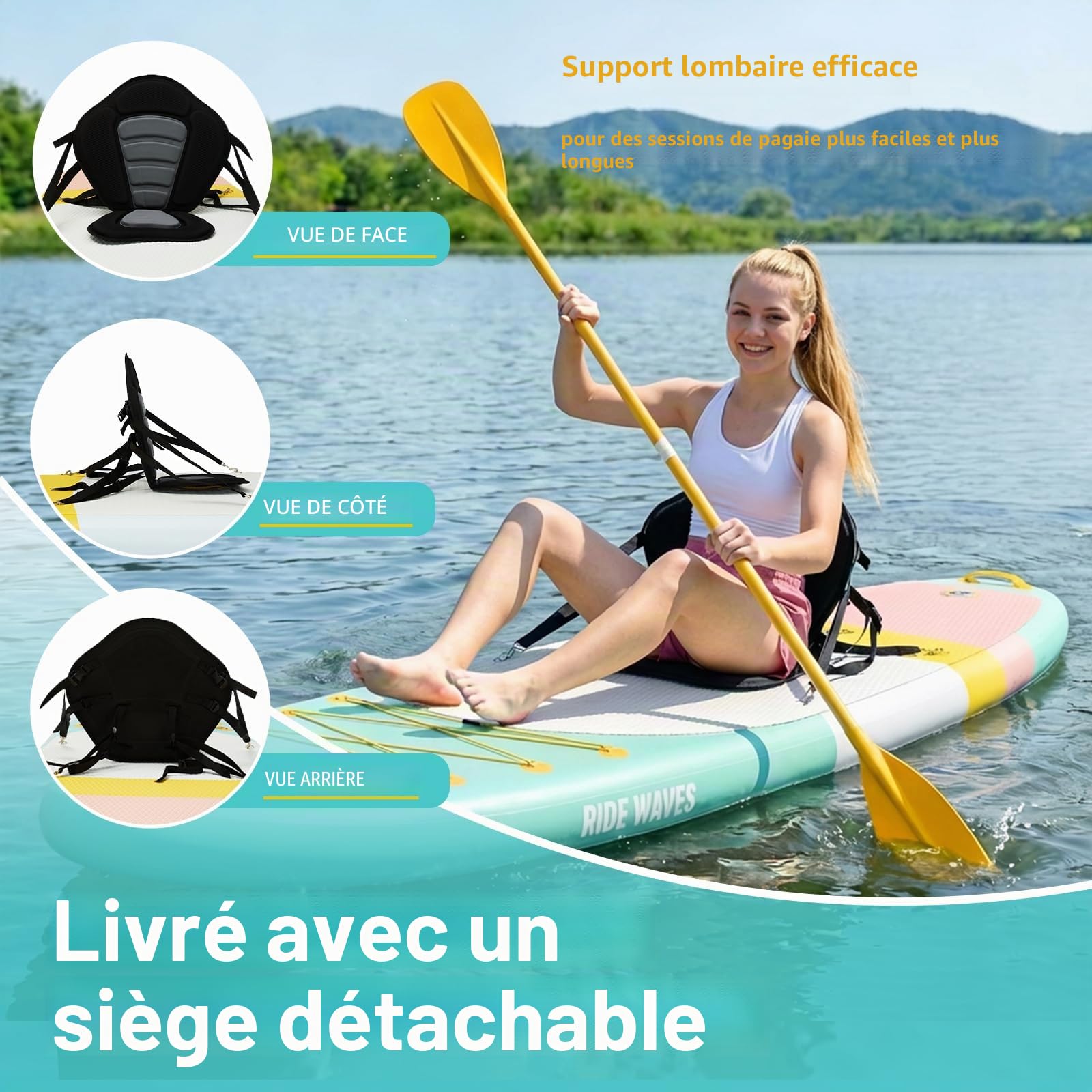 Paddle Gonflable Adulte 351×89 cm, Charge 200 kg Livrée avec Pompe, dérives, Sac à Dos, Accessoires et Pochette téléphone étanche, idéale pour pêche, Yoga et randonnée Aquatique