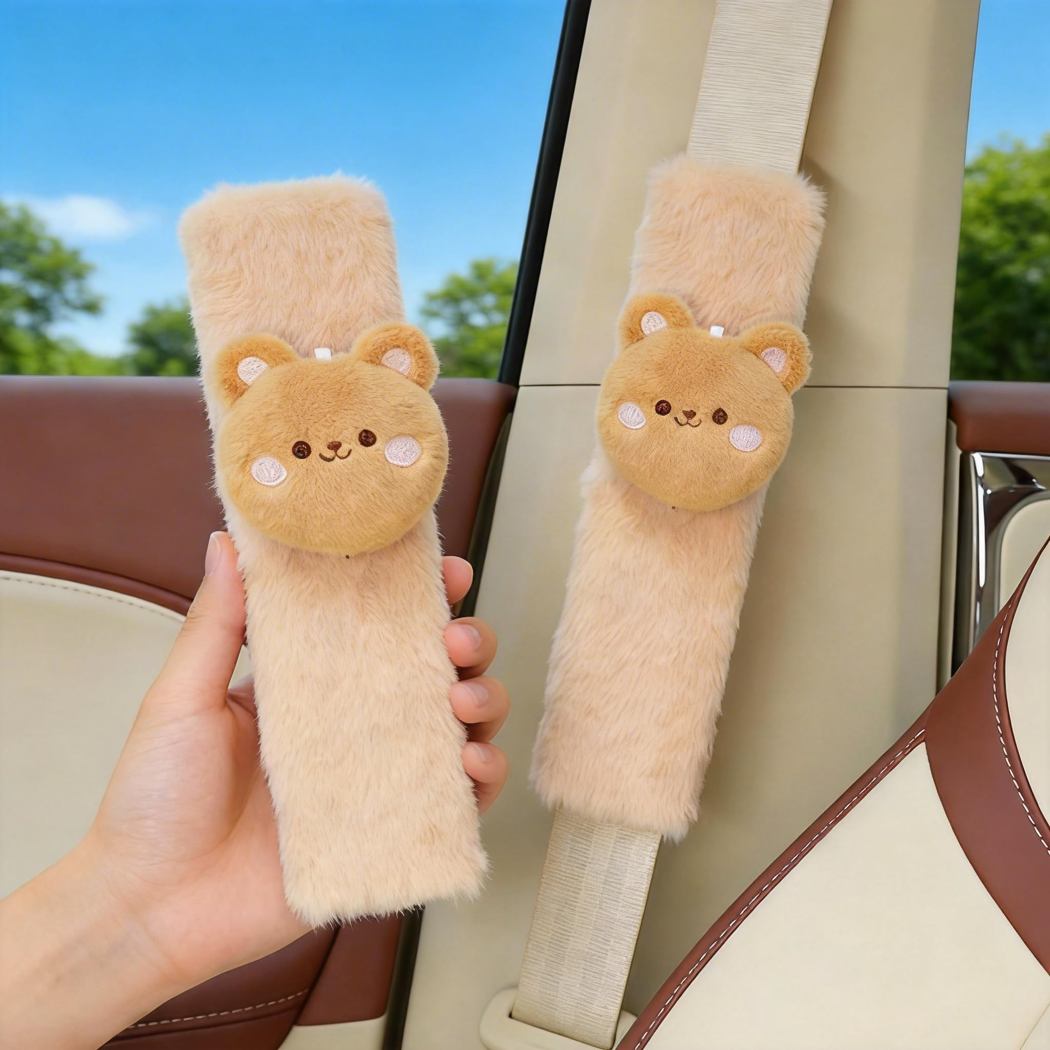 Zigihos 2 PCS Seat Belt Cover Pad, Cute Kawaii Animal Bear Seatbelt Covers for Kids and Adults, Winter Plush Fluffy Soft Seat Belt Cover, Cartoon