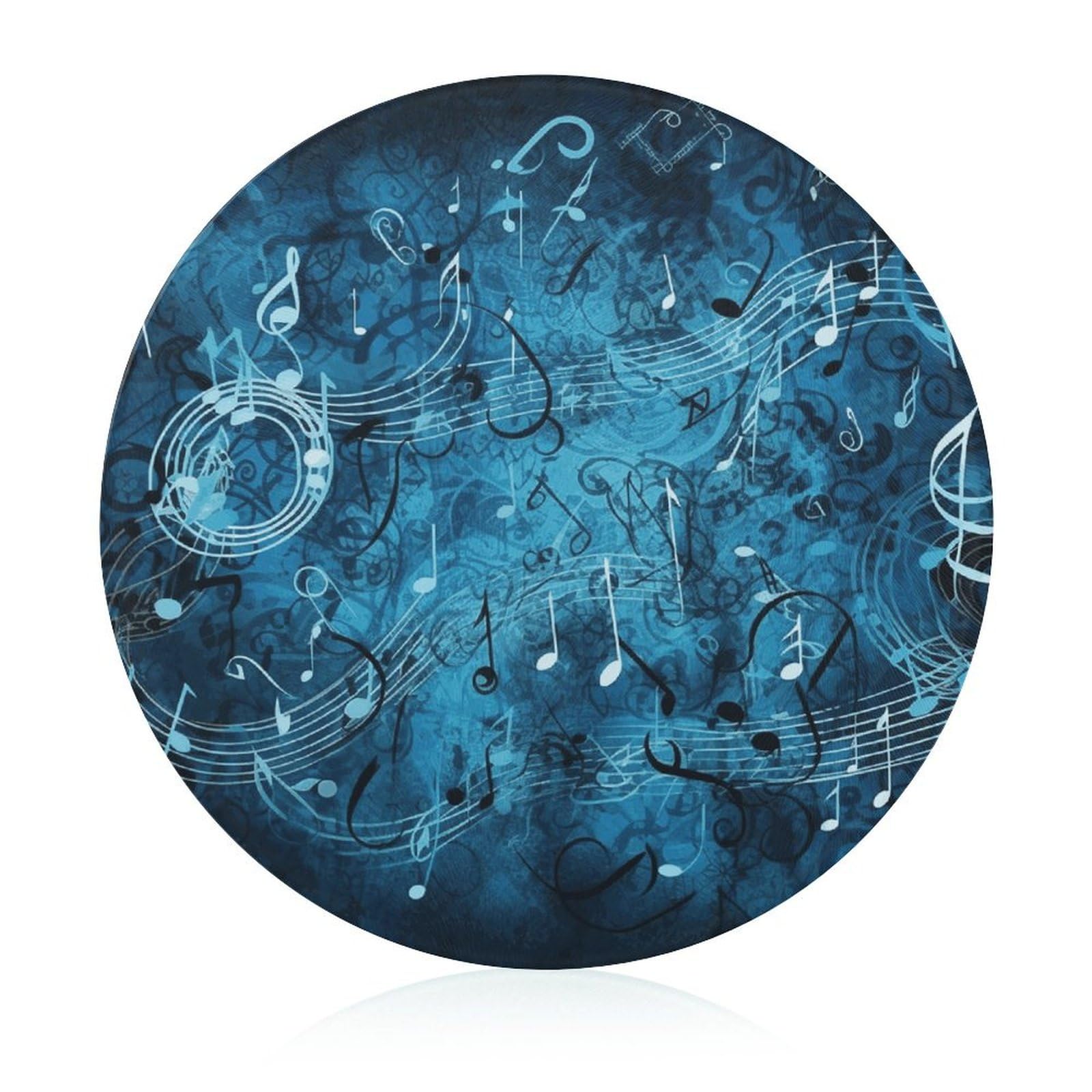 Planche à découper en verre ronde avec motif de notes de musique bleues pour cuisine