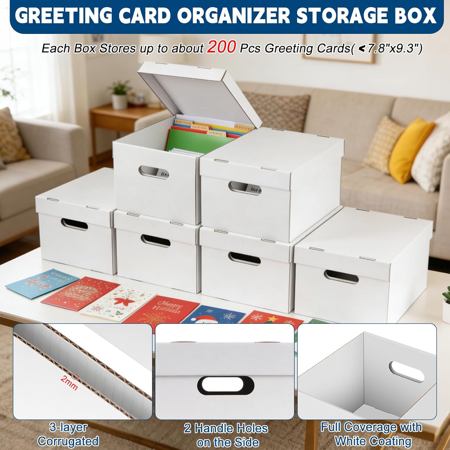 Greeting Card Organizer, 6 Pack Greeting Card Storage Box Holds over 1200 Cards, Greeting Cards Box with 40 Dividers and 208 Self-adhesive Labels, Card Organizer for Photo, Crafts, Envelope, Scrapbook