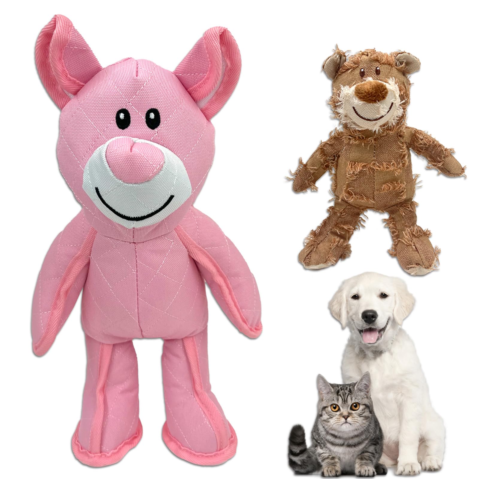 Duuclume 2 Pcs Indestructible Bear Dog Toy, Squeaky Interactive Mighty Bear, Cute Teddy Bear Dog Toy for Small Medium Large Dogs (Pink, Large+Light Brown, Small)