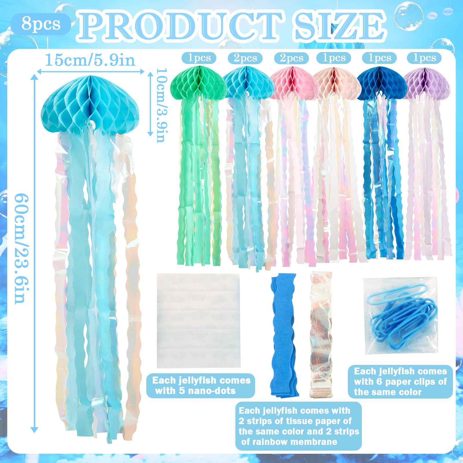 Homarkable Jellyfish Decorations, 8 Pcs Hanging Jellyfish Honeycomb, Blue Pink Purple Under The Sea Party Decorations, Paper Honeycomb Jelly Fish for Mermaid Ocean Themed Birthday Party Decor