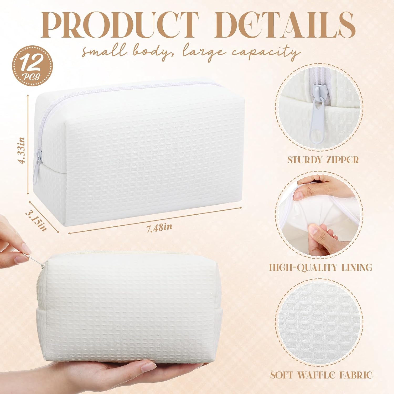 Gilprop 12 Pcs Holiday Gifts for Women Cozy Makeup Bag Portable Travel Waffle Toiletry Bag Soft Wedding Makeup Organizer Large Pouch with Zipper for Bridesmaid Friend (Classic,White)