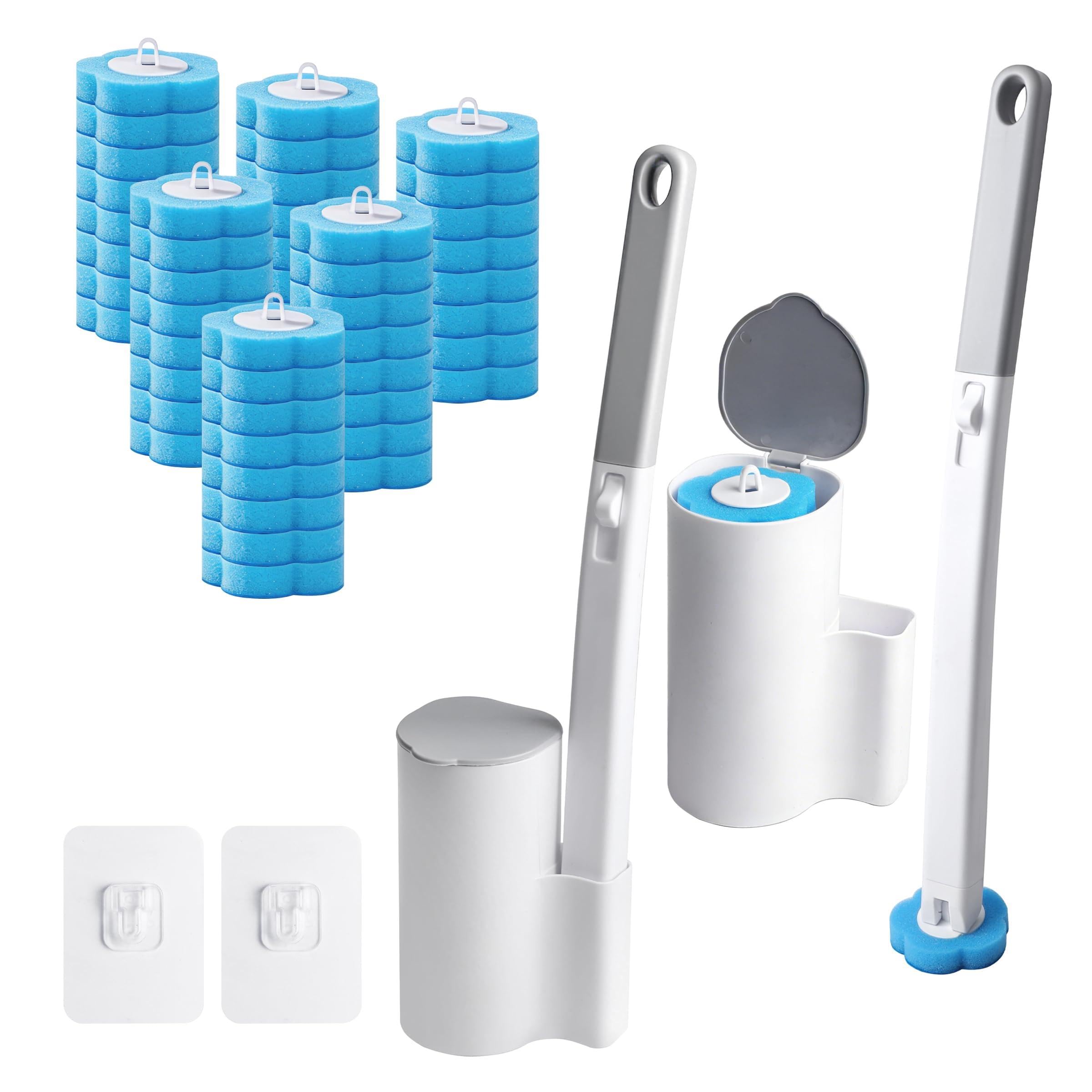 2Pcs Disposable Toilet Brush with 48 Cleaner Refills, Bowl Toilet Brush with Wall Mounted Holder, Bathroom, Cleaning Tool for Sink Bathtub Drain Wash Basin Urinal Toilet Bowl