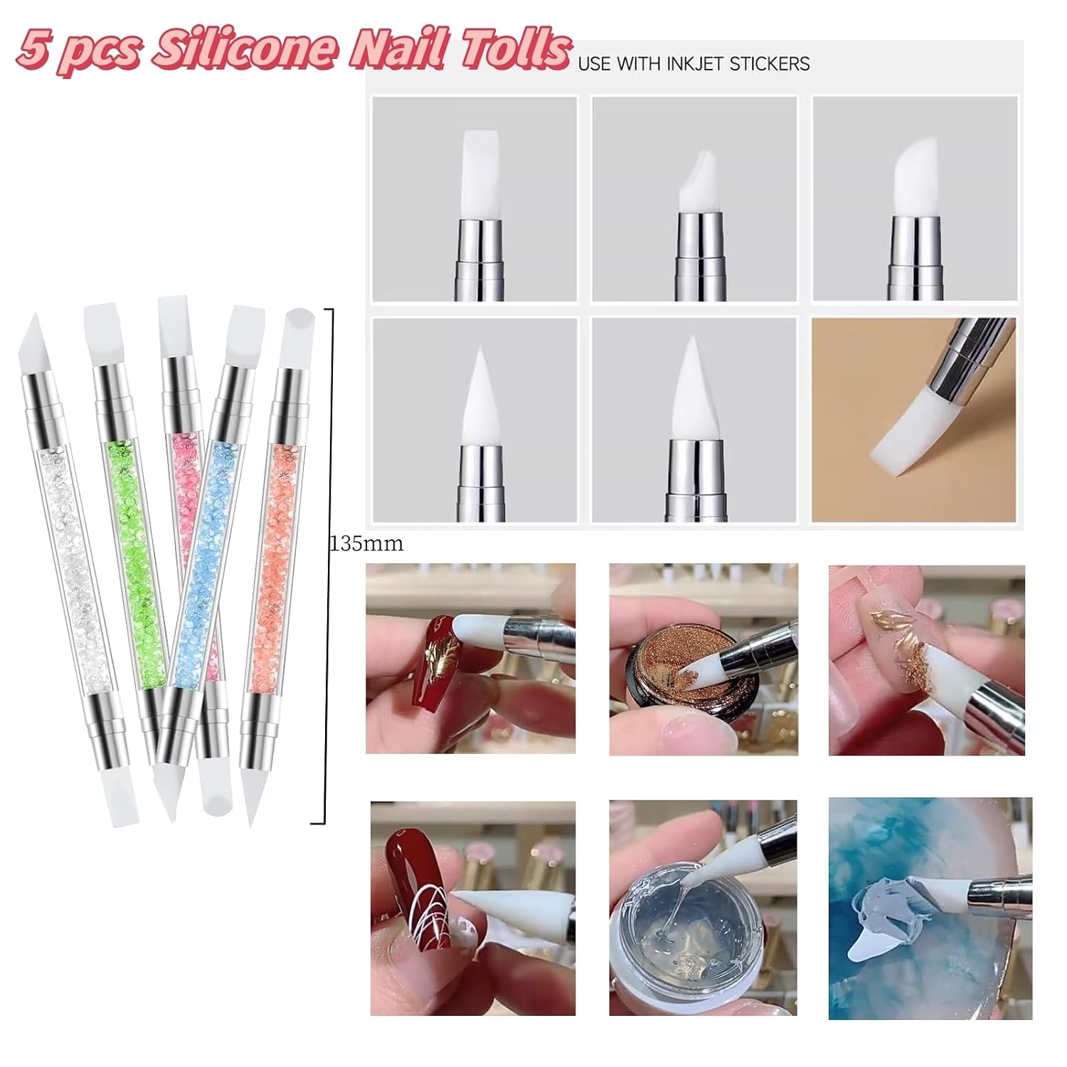 14 Pcs Nail Art Tool Kit with Silicone Carving Brushes & Ombre Sponge Pen, Professional Dual-Ended Dotting & Liner Tools, Wax Picker Pencil & 2 Tweezers for 3D Nail Design DIY Manicure