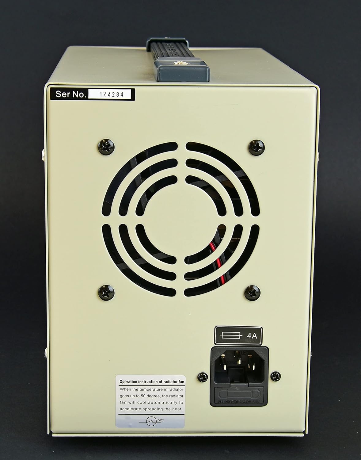 posterior view of TekPower TP12001X DC Power Supply showing the cooling fan, power input, and fuse holder.