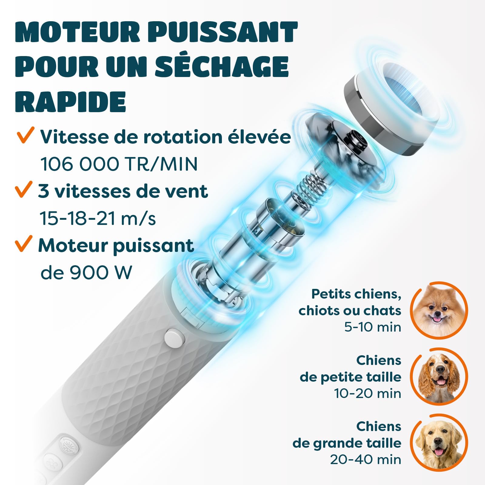 KUUBIA Séchoir 5 en 1 Pour Chien et Chat | Pulseur Avec Brosse Slicker | Sèche Poils Puissant 900 W | Portable, Silencieux, Ions Négatifs, NTC