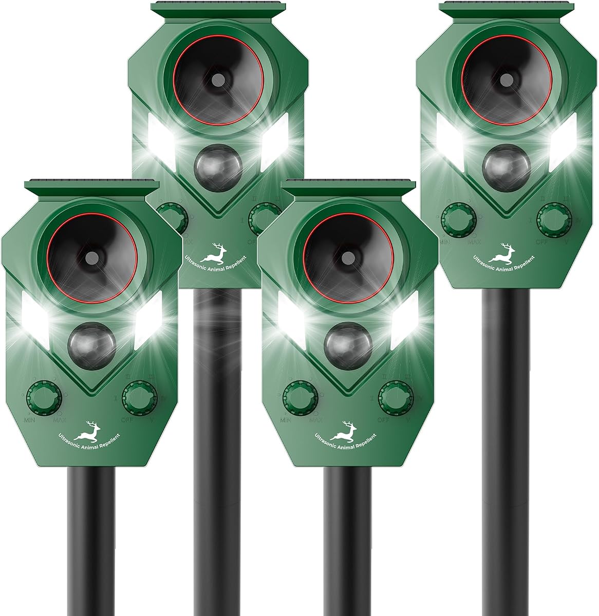 Repelente de animales ultrasónico con energía solar, 4 paquetes, disuasivo de gatos impermeable con luces LED intermitentes y sensor de movimiento para patio al aire libre, eficaz para repeler gatos, coyotes, mapaches y ciervos