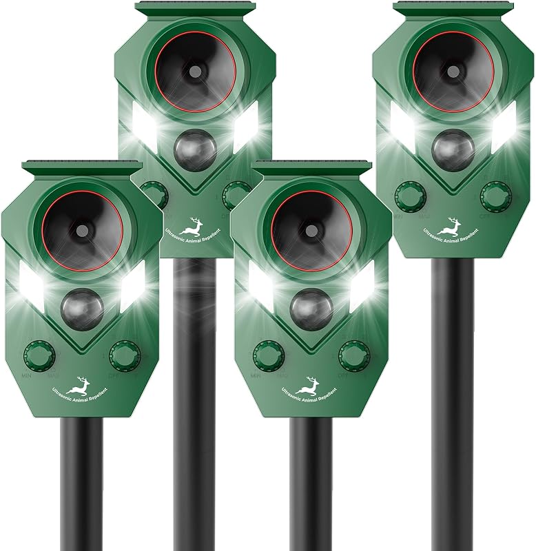 Repelente de animales ultrasónico con energía solar, 4 paquetes, disuasivo de gatos impermeable con luces LED intermitentes y sensor de movimiento para patio al aire libre, eficaz para repeler gatos, coyotes, mapaches y ciervos