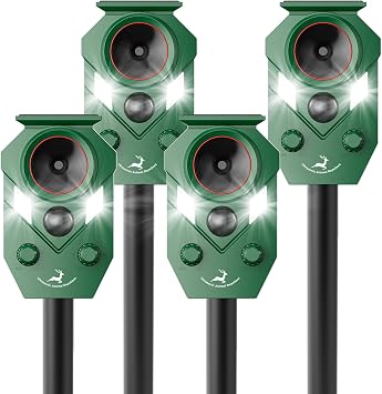 Solar-Powered Ultrasonic Animal Repellent 4 Packs, Waterproof Cat Deterrent with LED Flashing Lights and Motion Sensor for Outdoor Yard, Effective to Repel Cats, Coyotes, Raccoons, and Deer